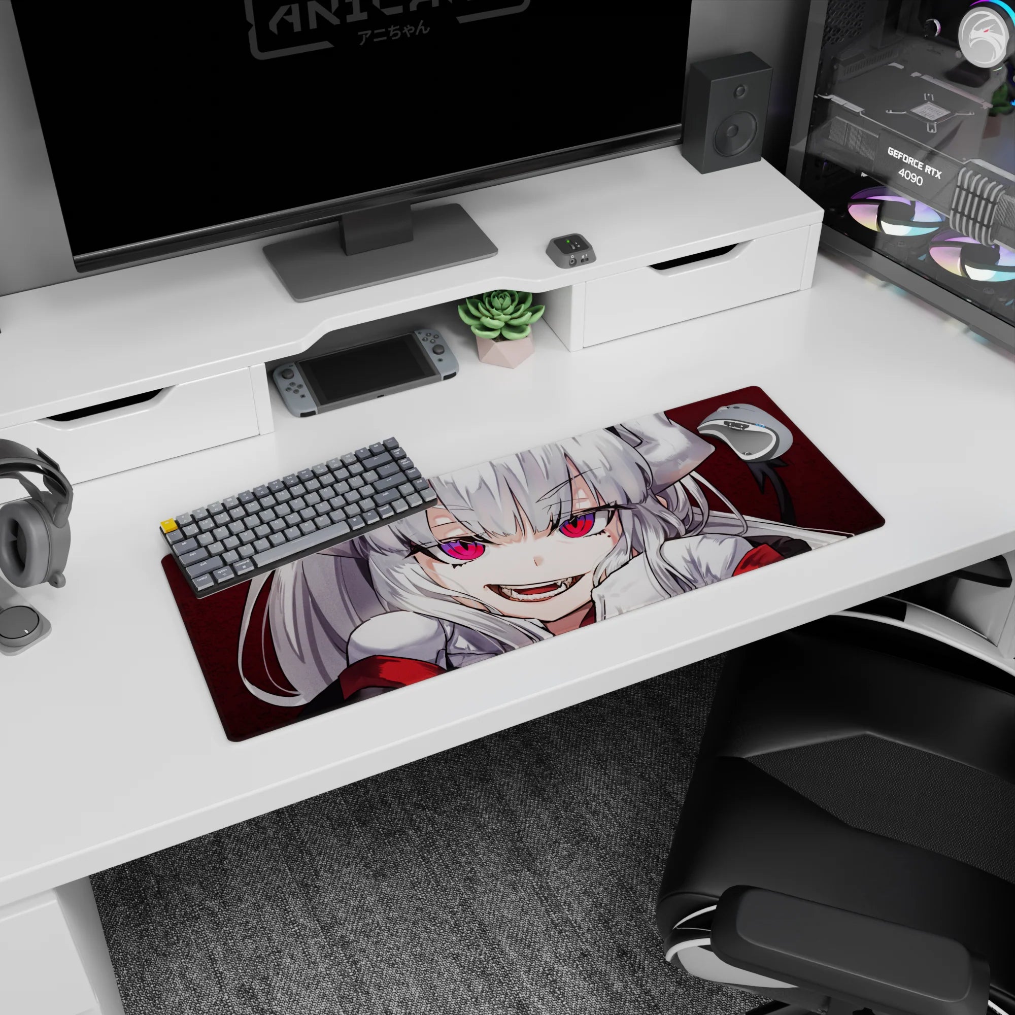 32x12 inches mouse pad showing a silver-haired demon girl with ribbon shapes and piercing pink eyes.