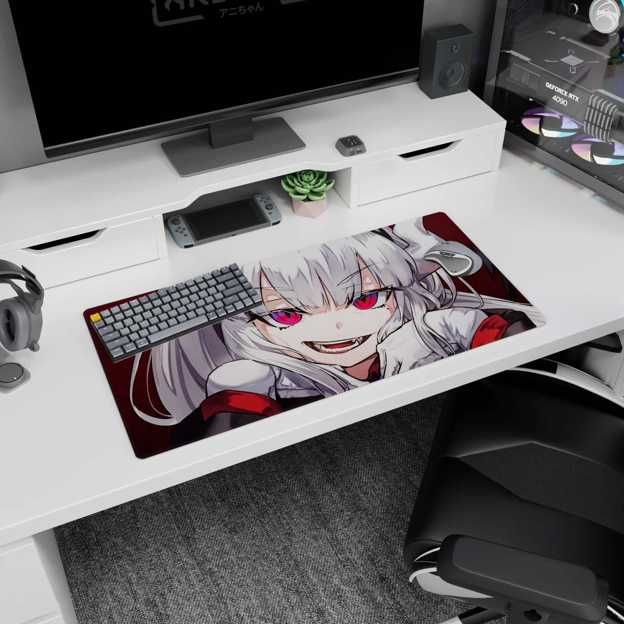 Silver-haired anime demon girl smirking on a 32x16 inches mouse pad, big ribbons and intense pink eyes.