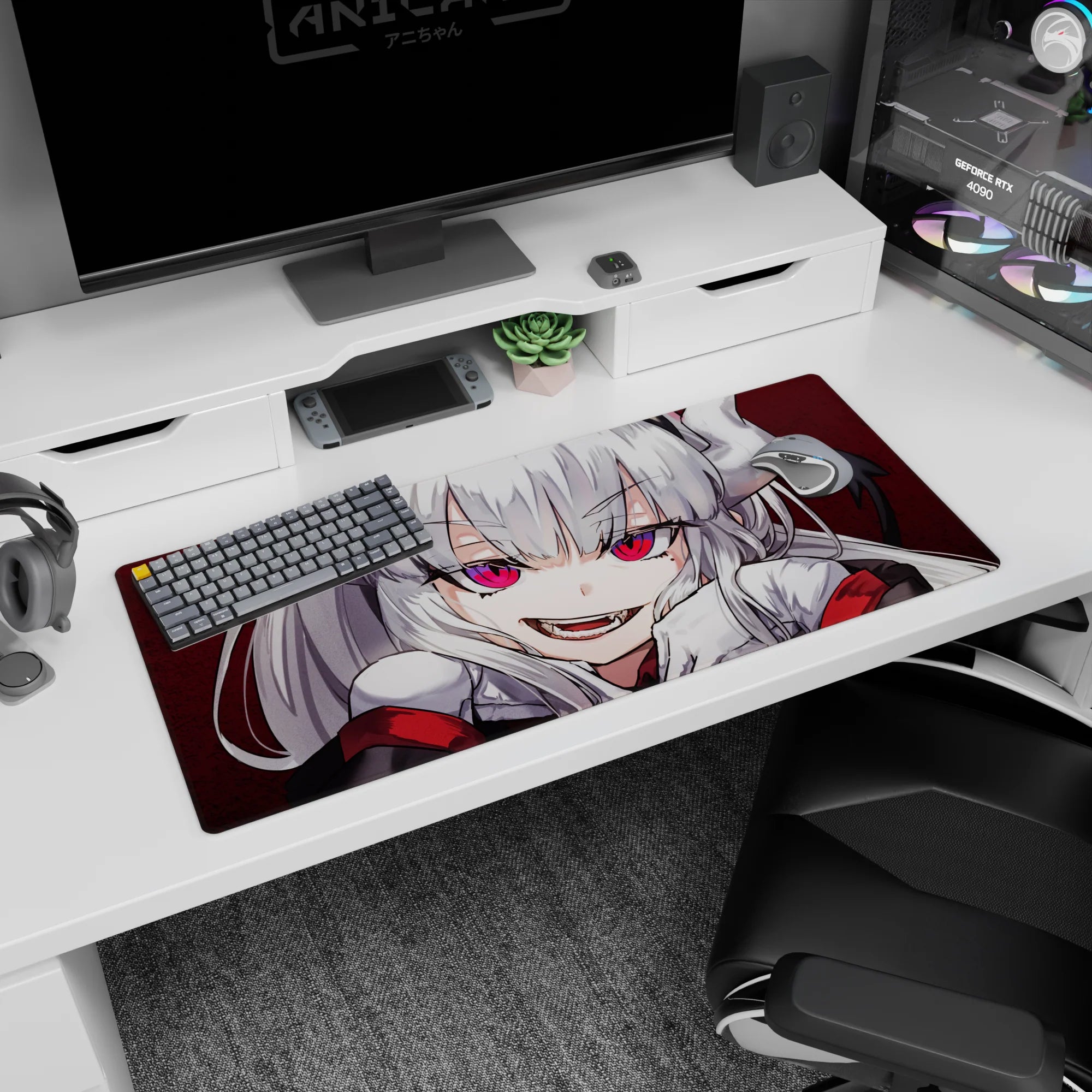 Mischievous demon anime girl with silver hair and pink eyes on XXL desk pad 36x16 inches.