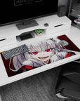 Mischievous demon anime girl with silver hair and pink eyes on XXL desk pad 36x16 inches.