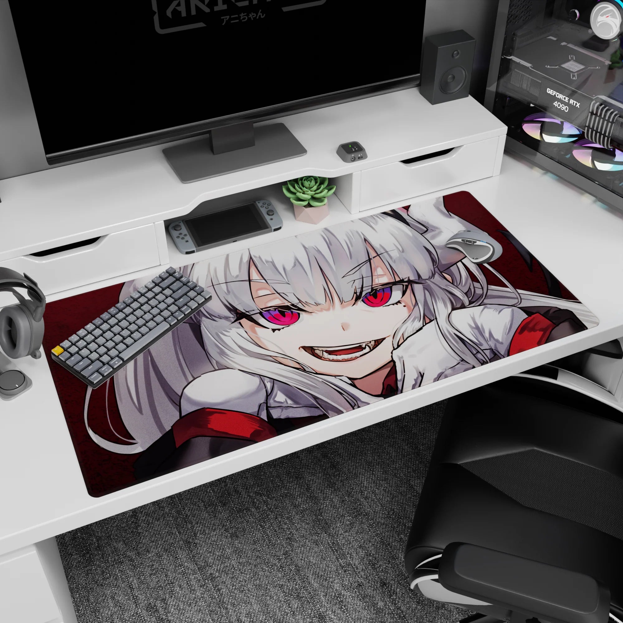 Mischievous silver-haired anime demon girl on desk pad 40x20 inches, staring with bright pink eyes.