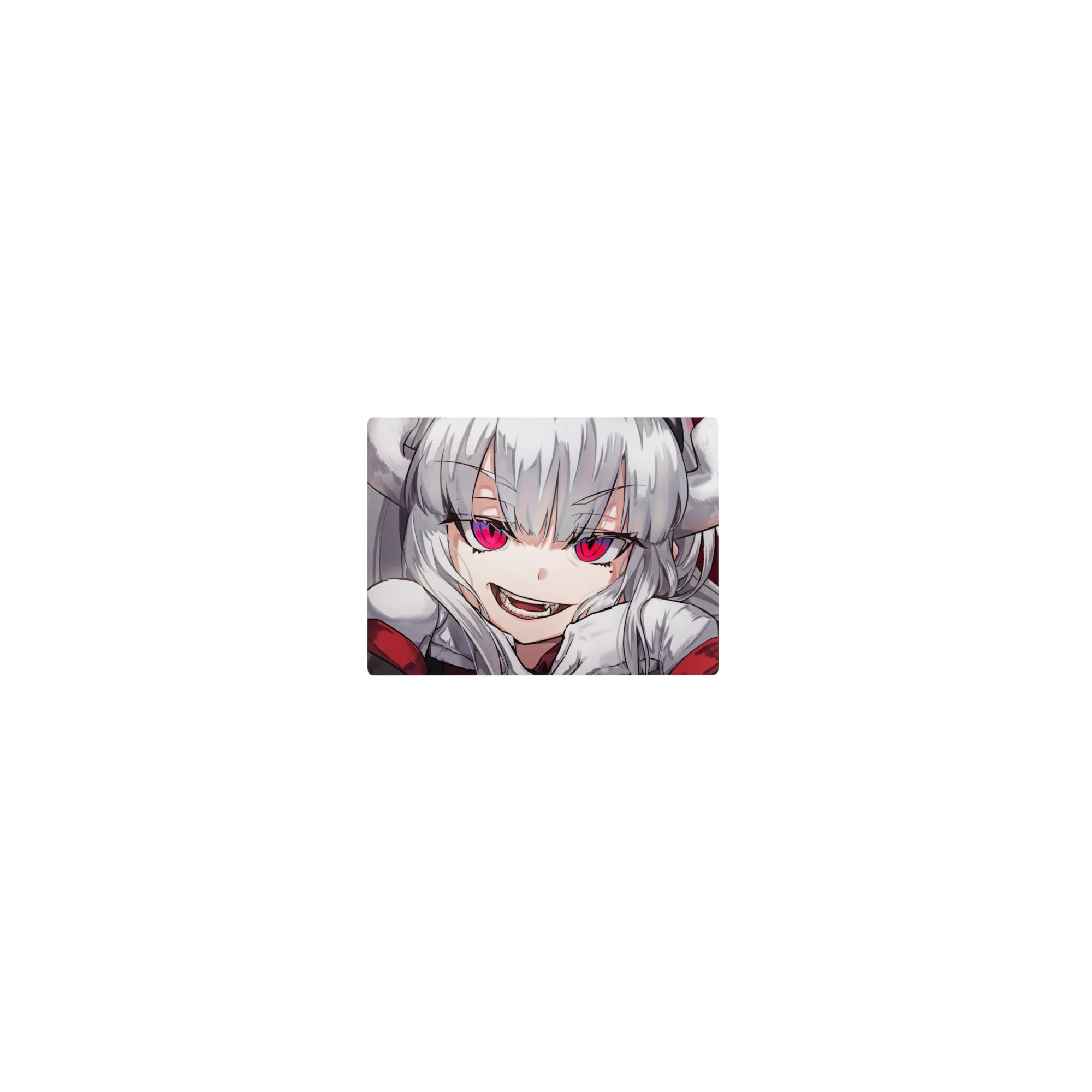 Classic anime girl mouse pad 14x10 inches with silver hair, big ribbons, and a mischievous grin.