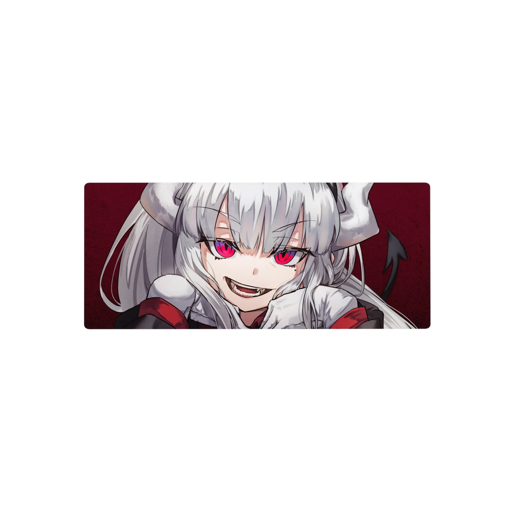 Anime girl mouse pad 28x12 inches with silver-haired demon girl, big ribbons, and sharp pink eyes.