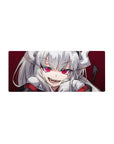 Anime girl mouse pad 28x12 inches with silver-haired demon girl, big ribbons, and sharp pink eyes.
