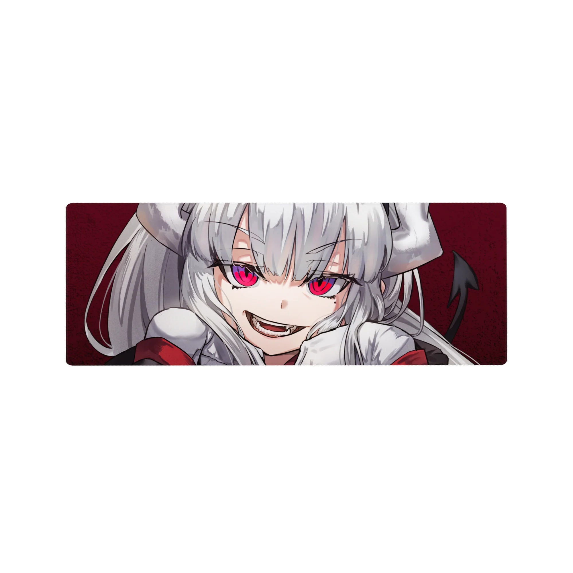 32x12 inches anime girl mouse pad with silver hair, big ribbons, and a mischievous grin on crimson.
