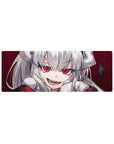32x12 inches anime girl mouse pad with silver hair, big ribbons, and a mischievous grin on crimson.