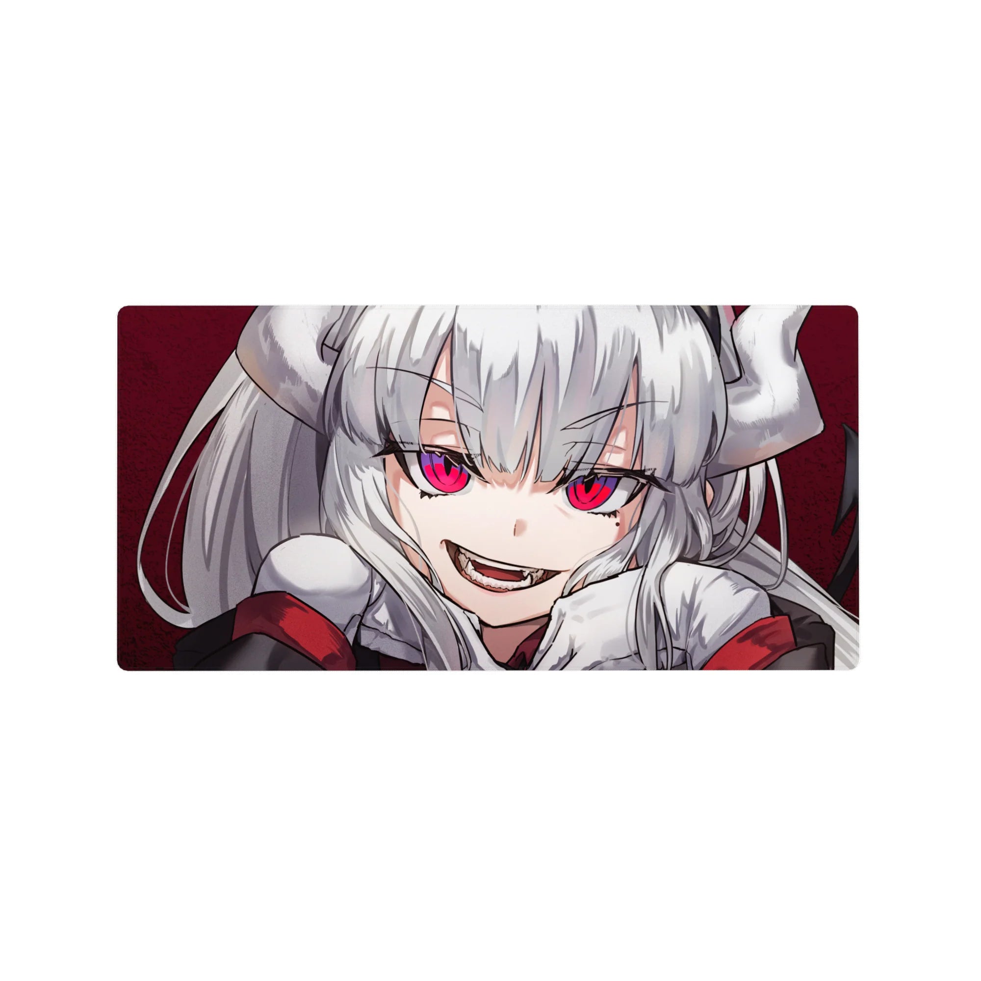 Anime girl mouse pad 32x16 inches with silver-haired demon girl, ribbons, pink eyes, crisp anime print.