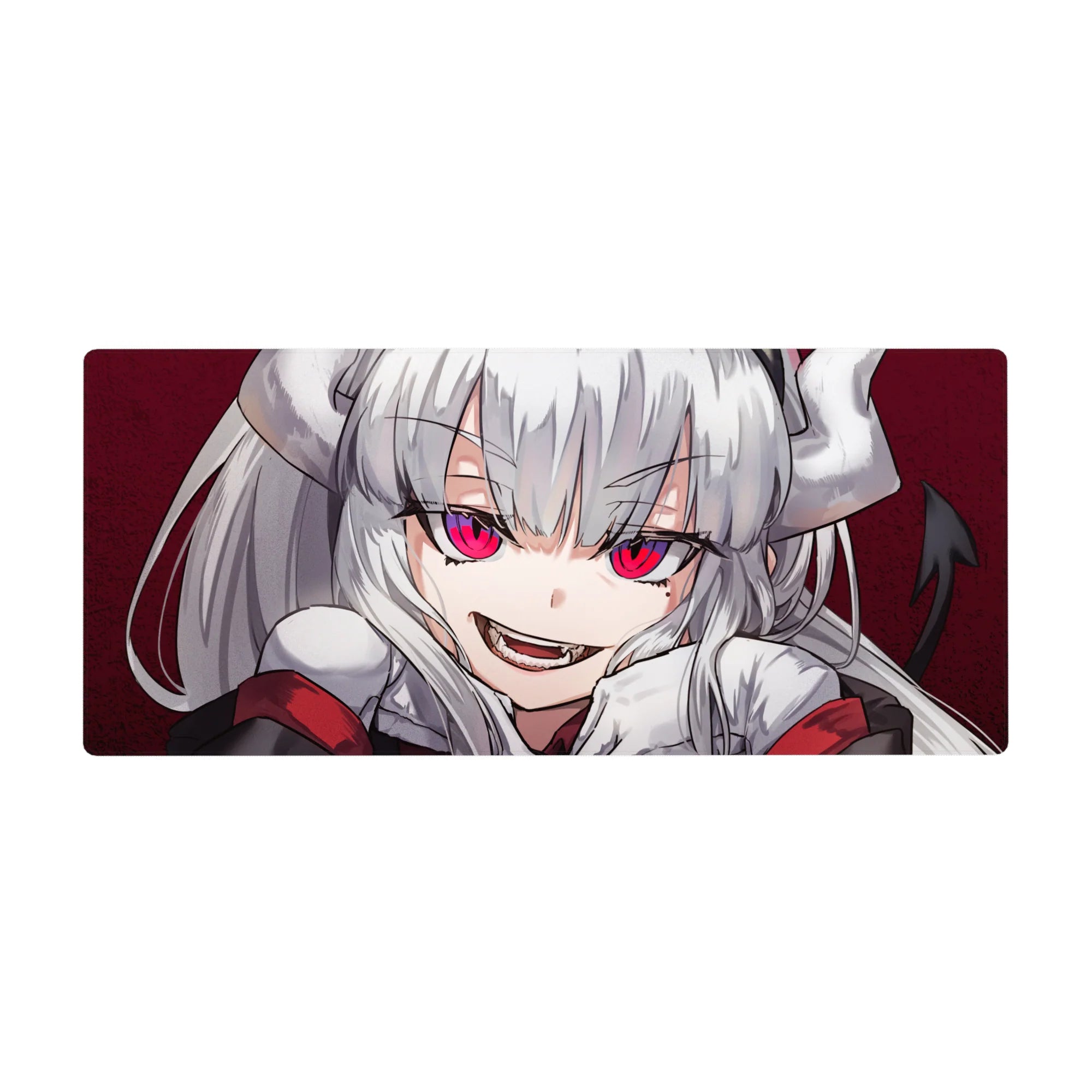 Anime girl desk pad 36x16 inches with silver hair, big ribbons, and a mischievous grin on crimson.