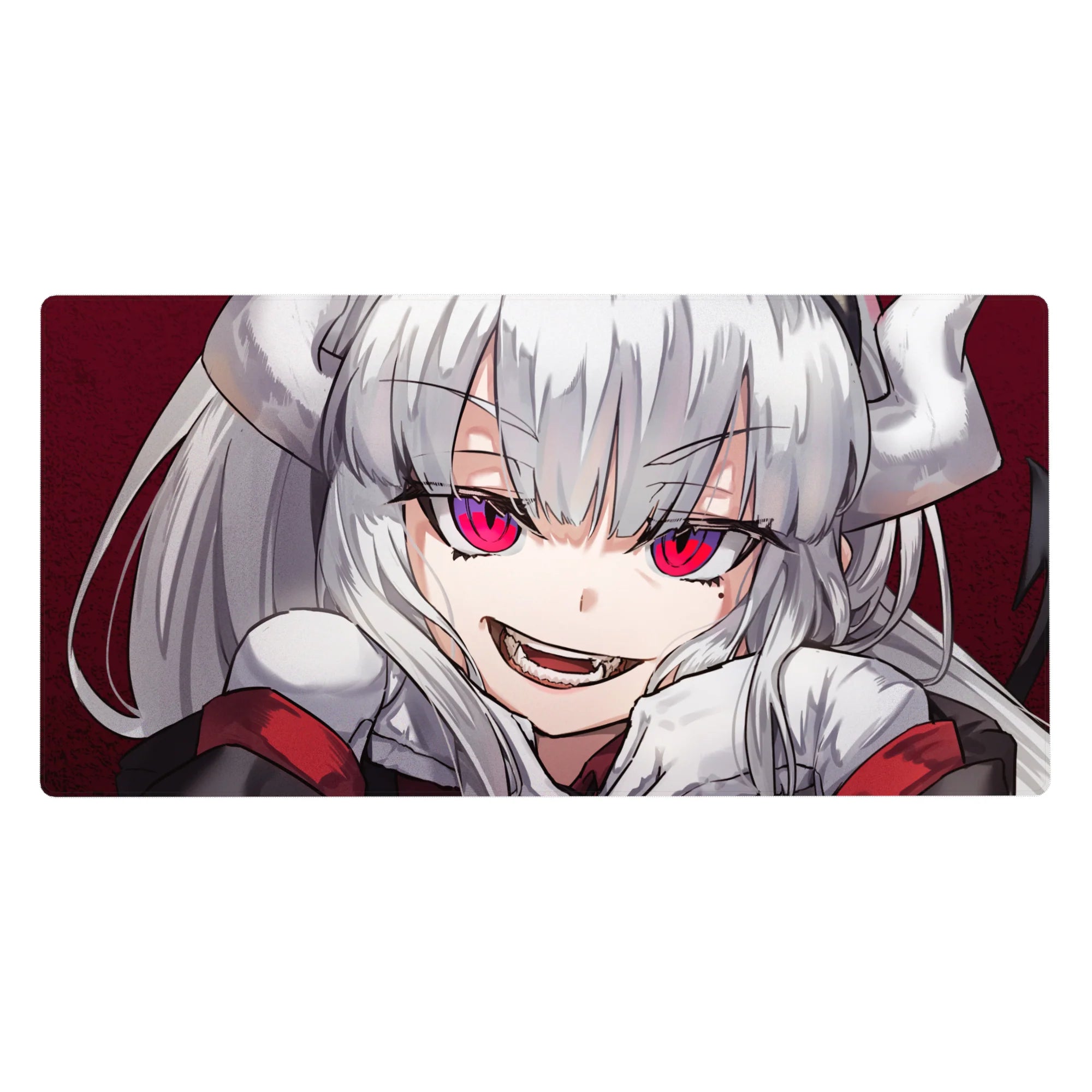 Anime girl desk pad 40x20 inches with silver-haired demon vibe, big ribbons, and pink-eyed grin.