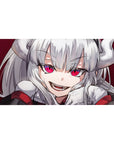 Anime girl desk pad 40x20 inches with silver-haired demon vibe, big ribbons, and pink-eyed grin.