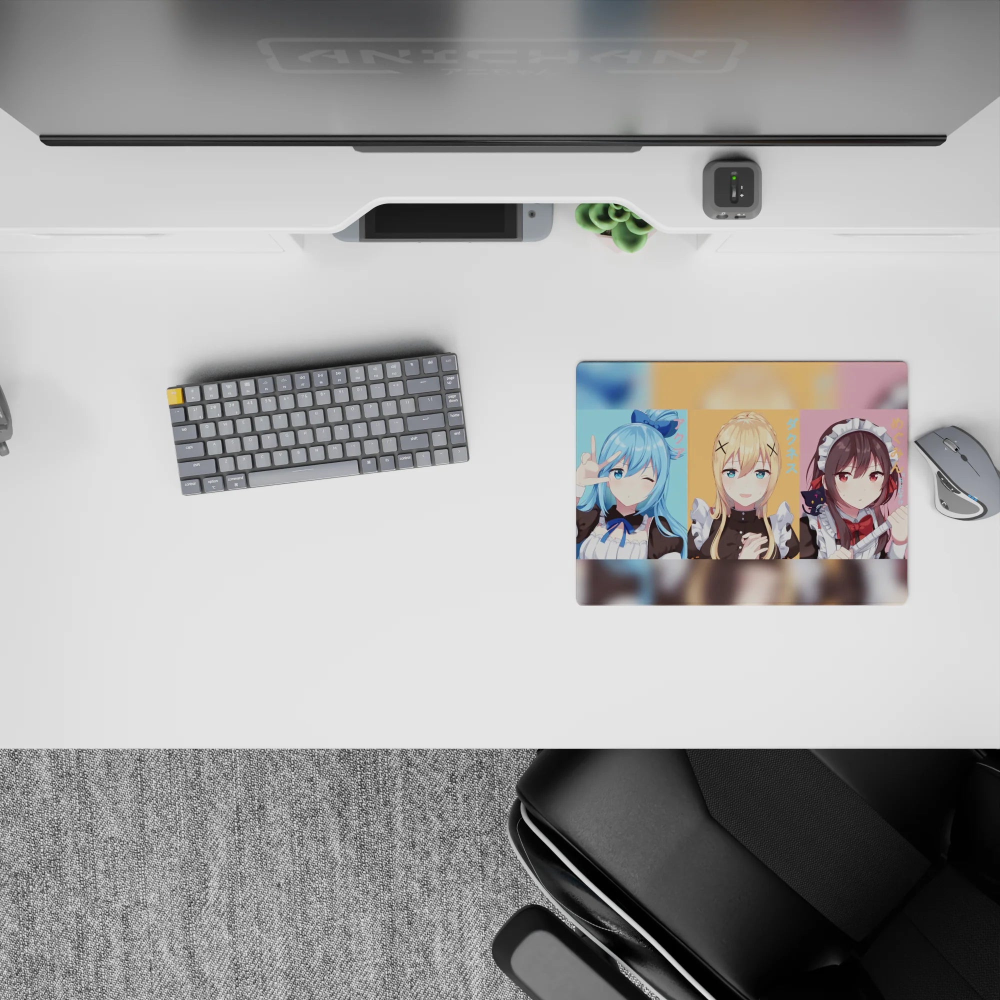 KonoSuba anime mouse pad 14x10 inches featuring Aqua, Darkness, and Megumin in pastel panels with vibrant colors.