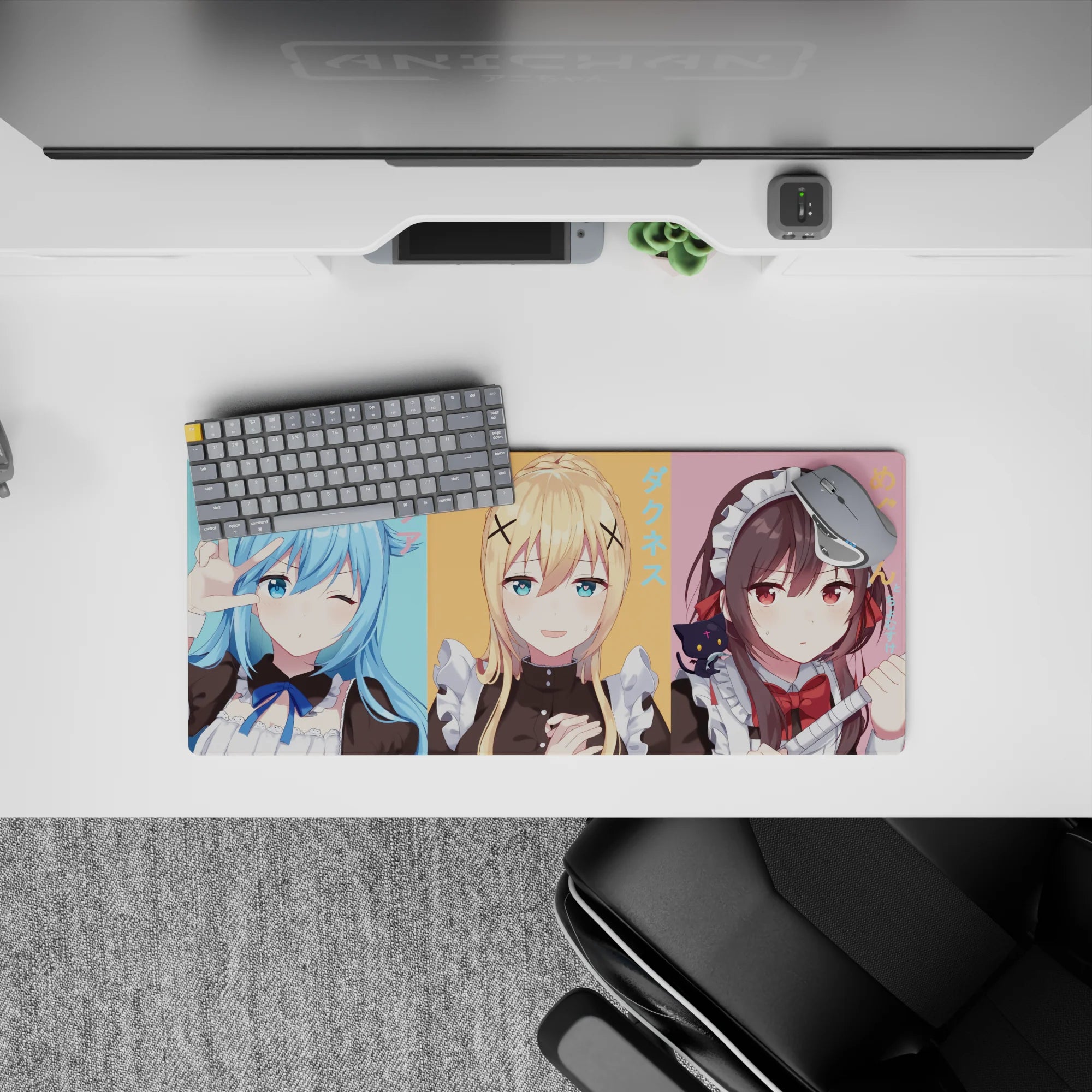 Anime mouse pad 28x12 inches featuring KonoSuba&#39;s Aqua, Darkness, and Megumin in pastel maid cafe theme.