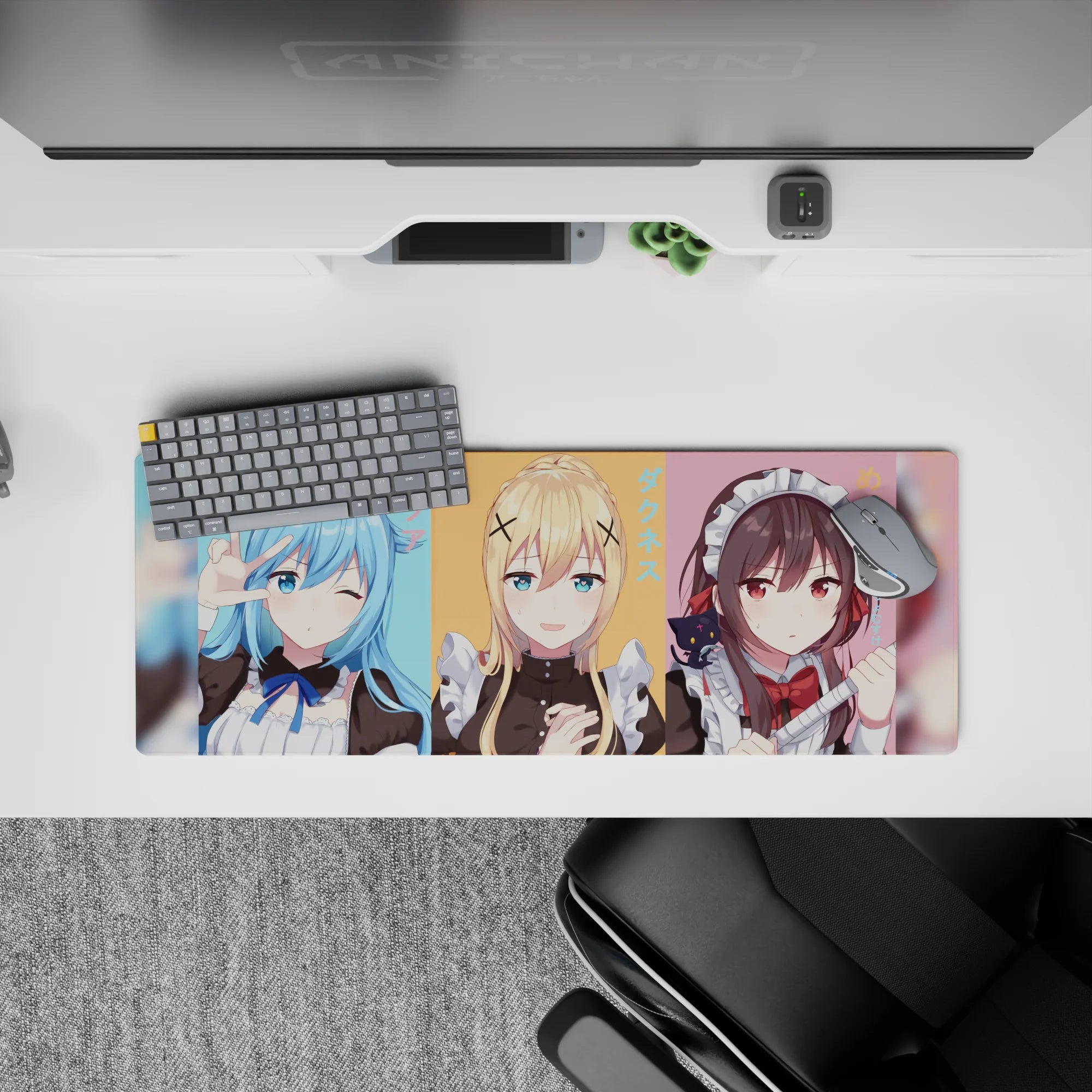 Anime mouse pad 32x12 inches with KonoSuba&#39;s Aqua, Darkness, and Megumin in maid outfits, vibrant pastel colors.