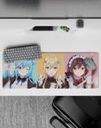 Anime mouse pad 32x12 inches with KonoSuba's Aqua, Darkness, and Megumin in maid outfits, vibrant pastel colors.