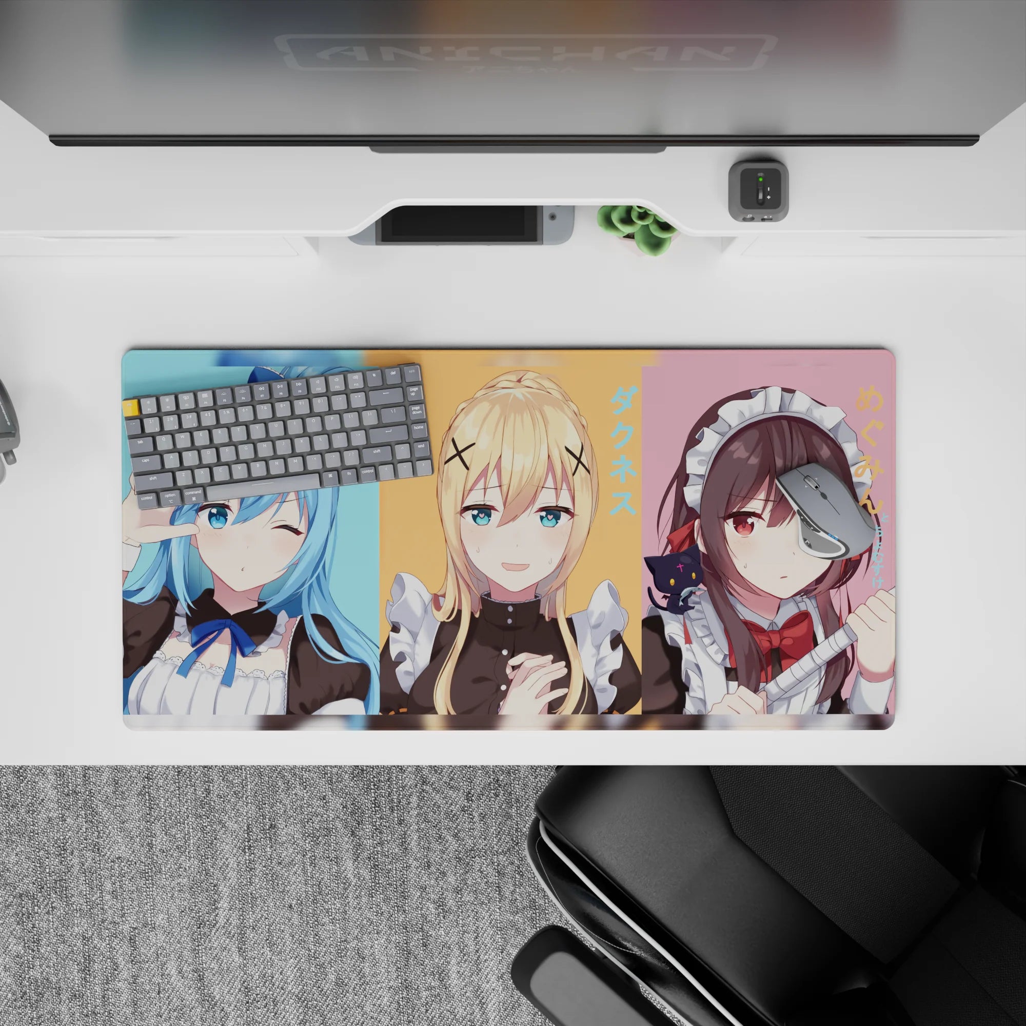 Anime mouse pad 32x16 inches featuring KonoSuba&#39;s Aqua, Darkness, and Megumin in pastel maid cafe theme.