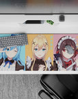 Desk pad 36x16 inches featuring Aqua, Darkness, and Megumin from KonoSuba in pastel maid cafe theme with vibrant colors.