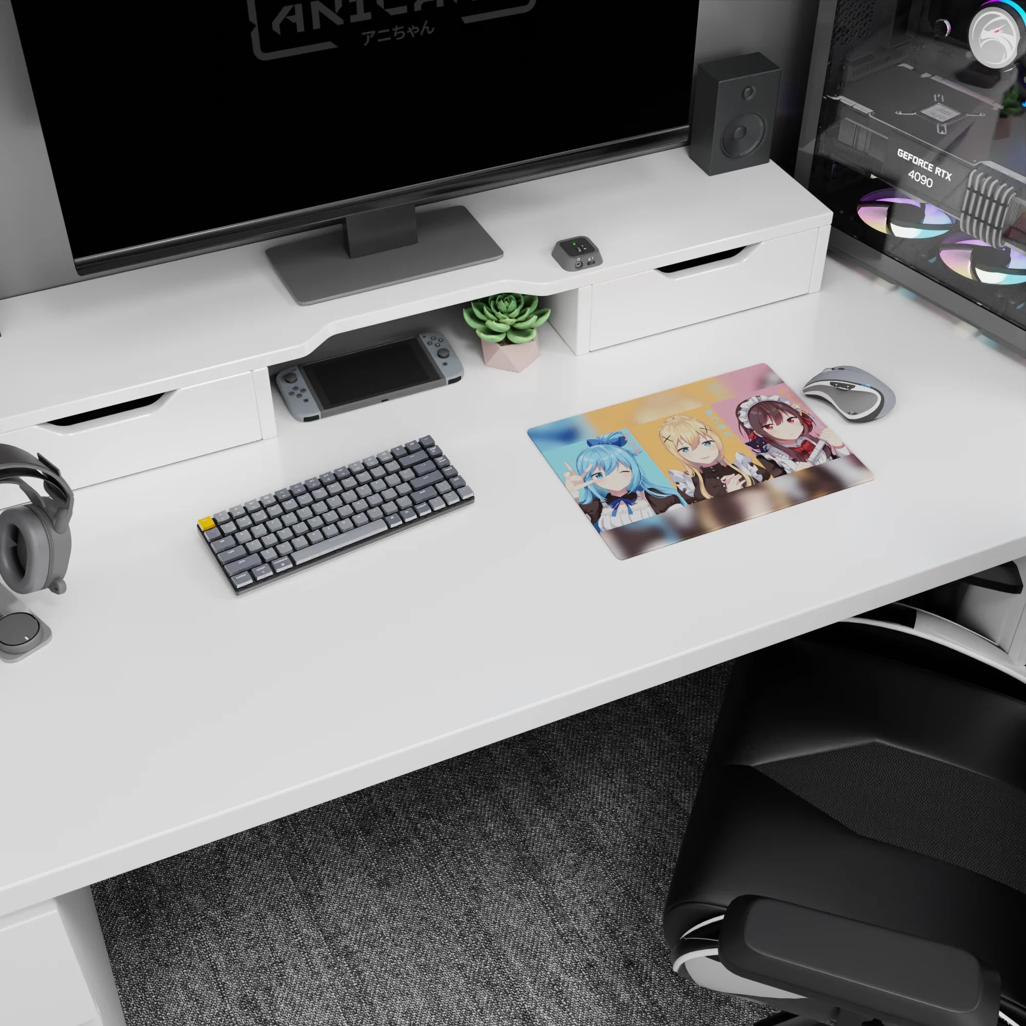 KonoSuba anime mouse pad, 14x10 inches, featuring Aqua, Darkness, and Megumin in pastel maid cafe theme, vibrant colors.