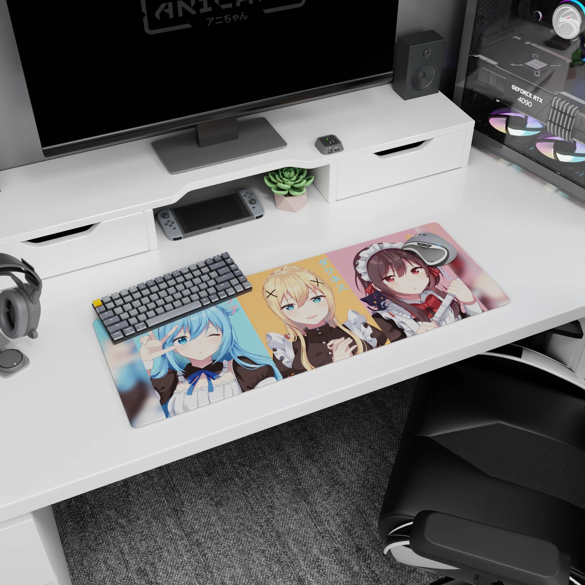 Anime mouse pad 32x12 inches featuring KonoSuba&#39;s Aqua, Darkness, and Megumin in pastel maid cafe theme.