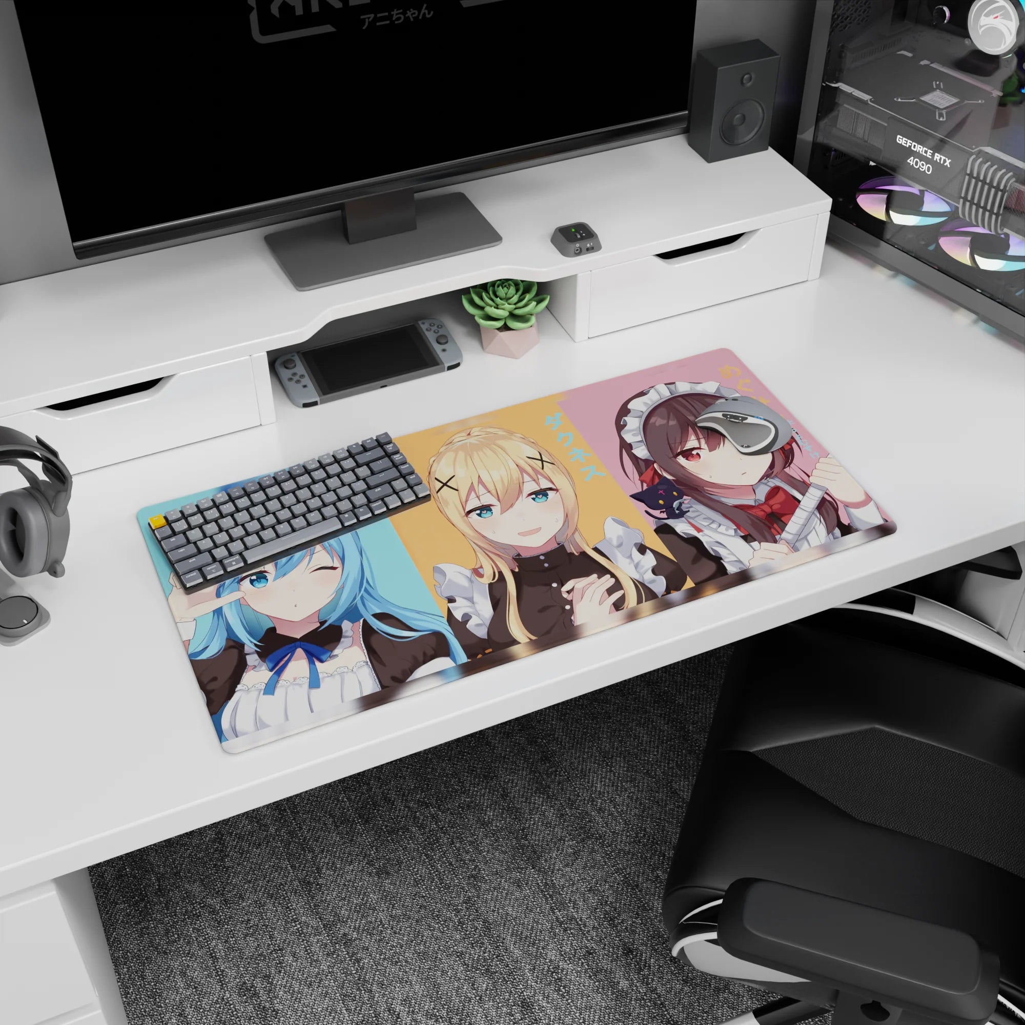 Mouse pad 32x16 inches featuring KonoSuba&#39;s Aqua, Darkness, and Megumin in pastel maid cafe theme, vibrant anime art.