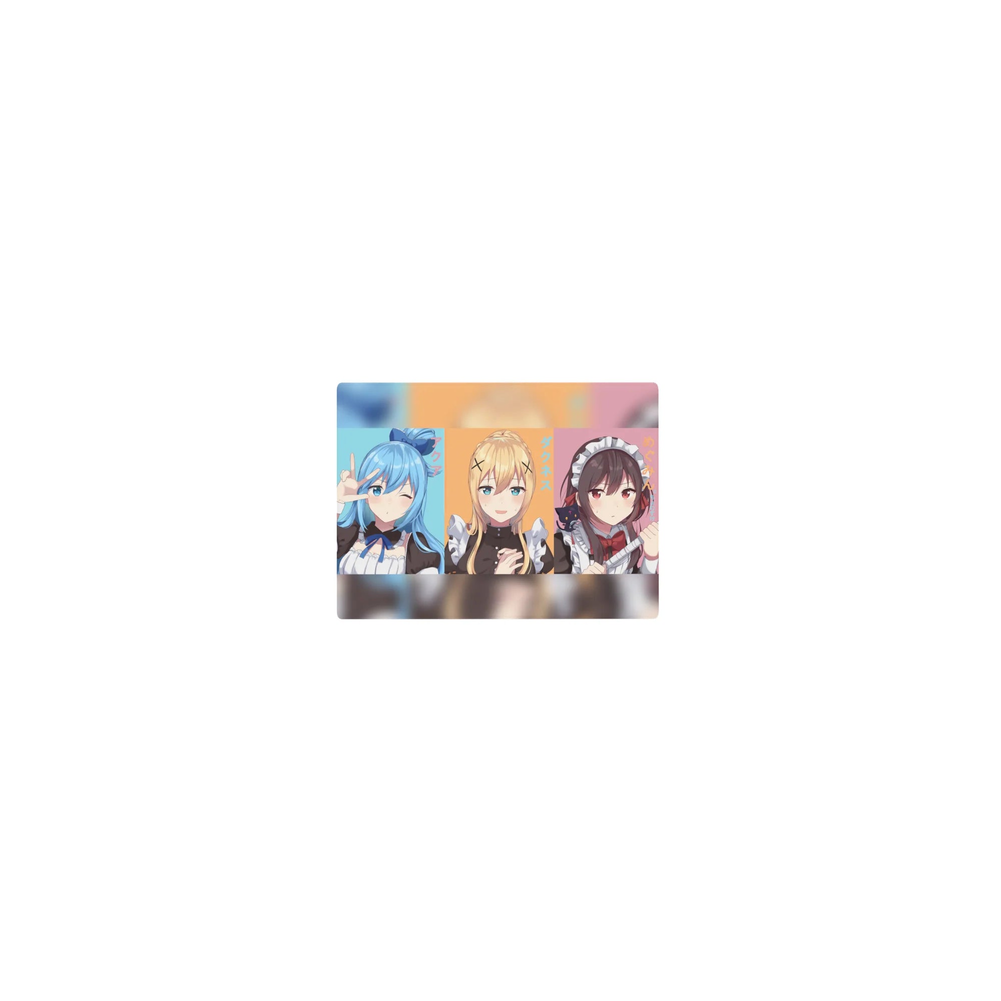 KonoSuba anime mouse pad 14x10 inches featuring Aqua, Darkness, and Megumin in pastel maid cafe outfits, vibrant colors.
