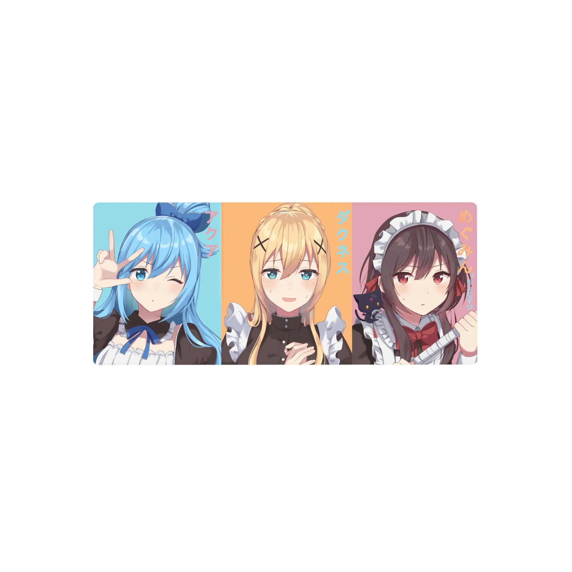 KonoSuba mouse pad 28x12 inches featuring Aqua, Darkness, and Megumin in a maid cafe theme with vibrant pastel colors.