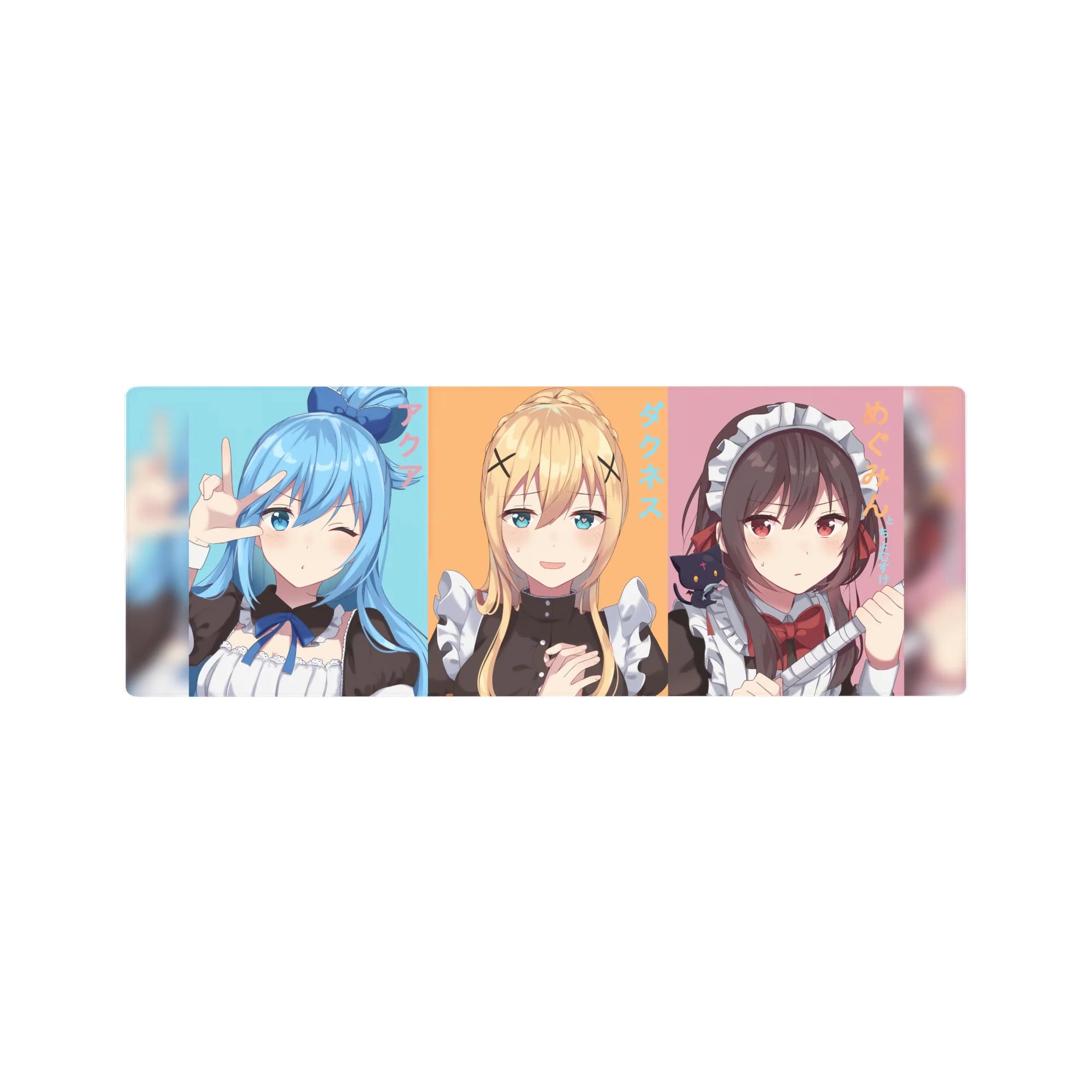 KonoSuba anime mouse pad 32x12 inches featuring Aqua, Darkness, Megumin in maid outfits with pastel colors.
