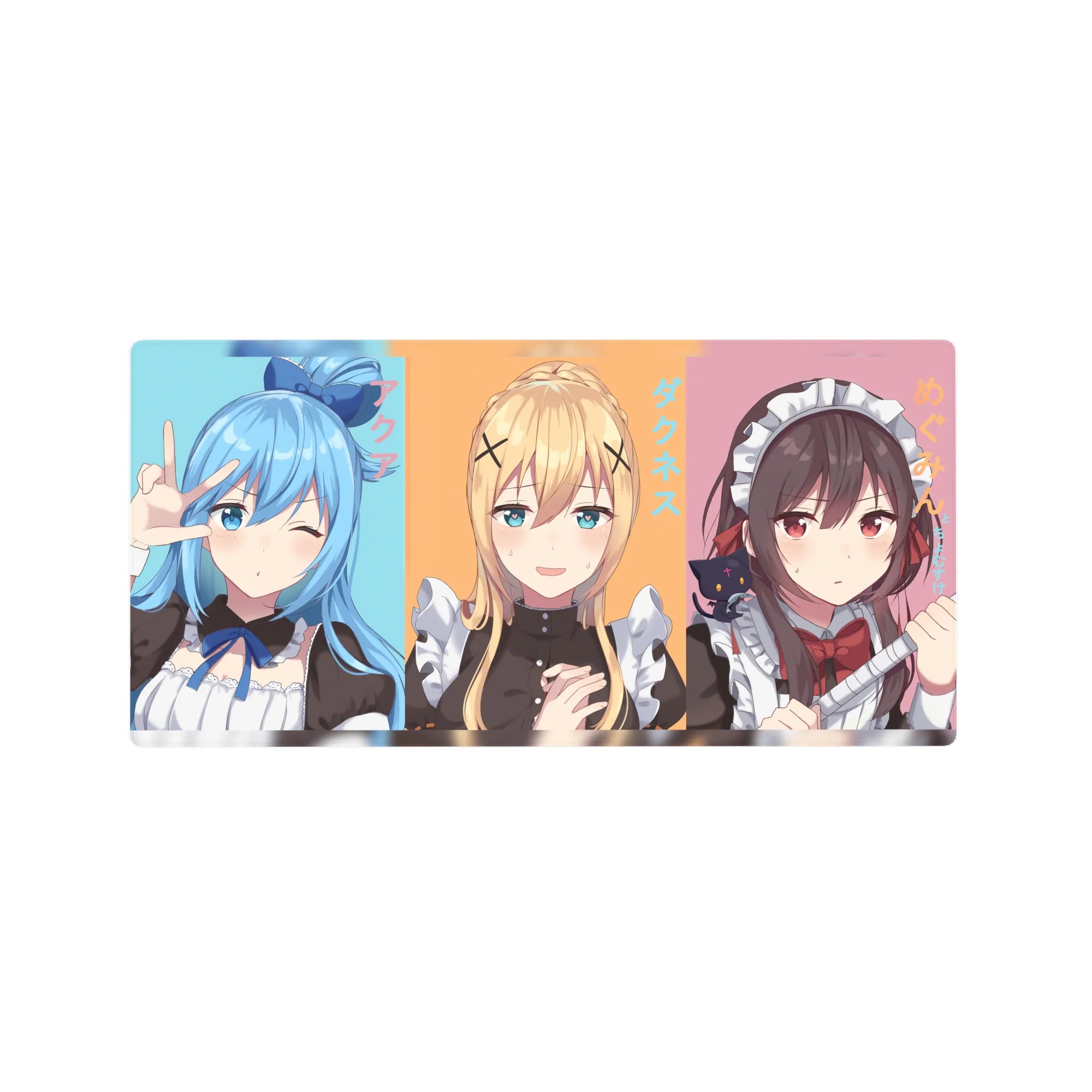 KonoSuba anime mouse pad 32x16 inches featuring Aqua, Darkness, and Megumin in pastel maid cafe theme, vibrant and playful.