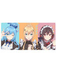 KonoSuba anime mouse pad 32x16 inches featuring Aqua, Darkness, and Megumin in pastel maid cafe theme, vibrant and playful.
