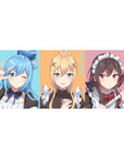KonoSuba desk pad 36x16 inches featuring Aqua, Darkness, and Megumin in pastel maid cafe theme, adding anime charm.
