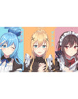 Anime desk pad 40x20 inches featuring KonoSuba's Aqua, Darkness, and Megumin in maid outfits with pastel colors.