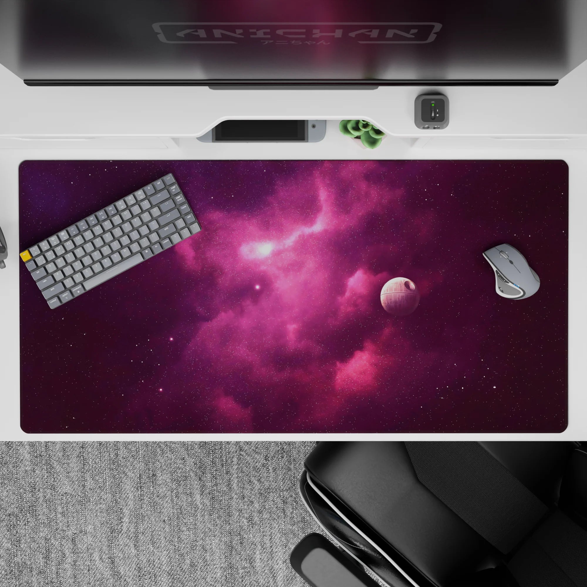 Magenta and plum nebula desk pad 40x20 inches with dreamy, candy-bright space vibes and soft star dust.