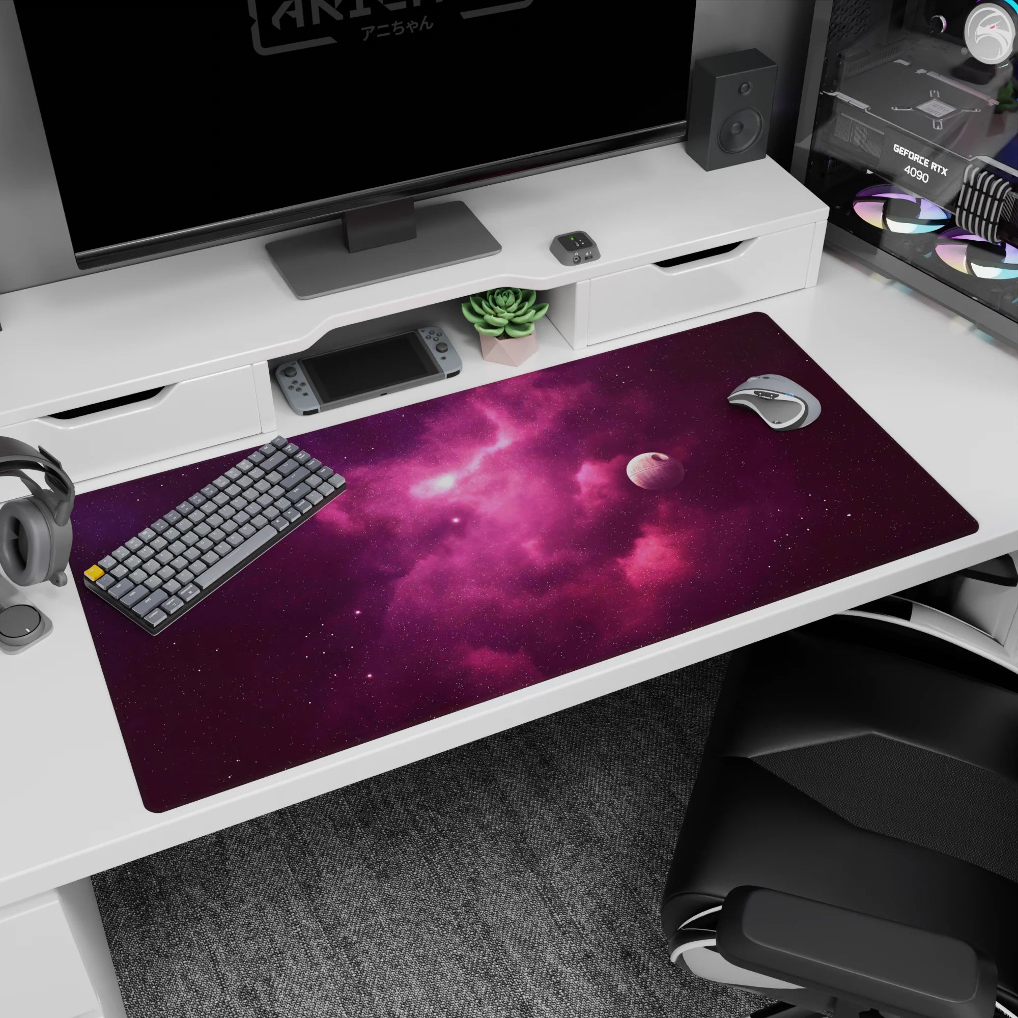 Moon and nebula scene desk pad 40x20 inches featuring a quiet pale sphere beside swirling starry clouds.