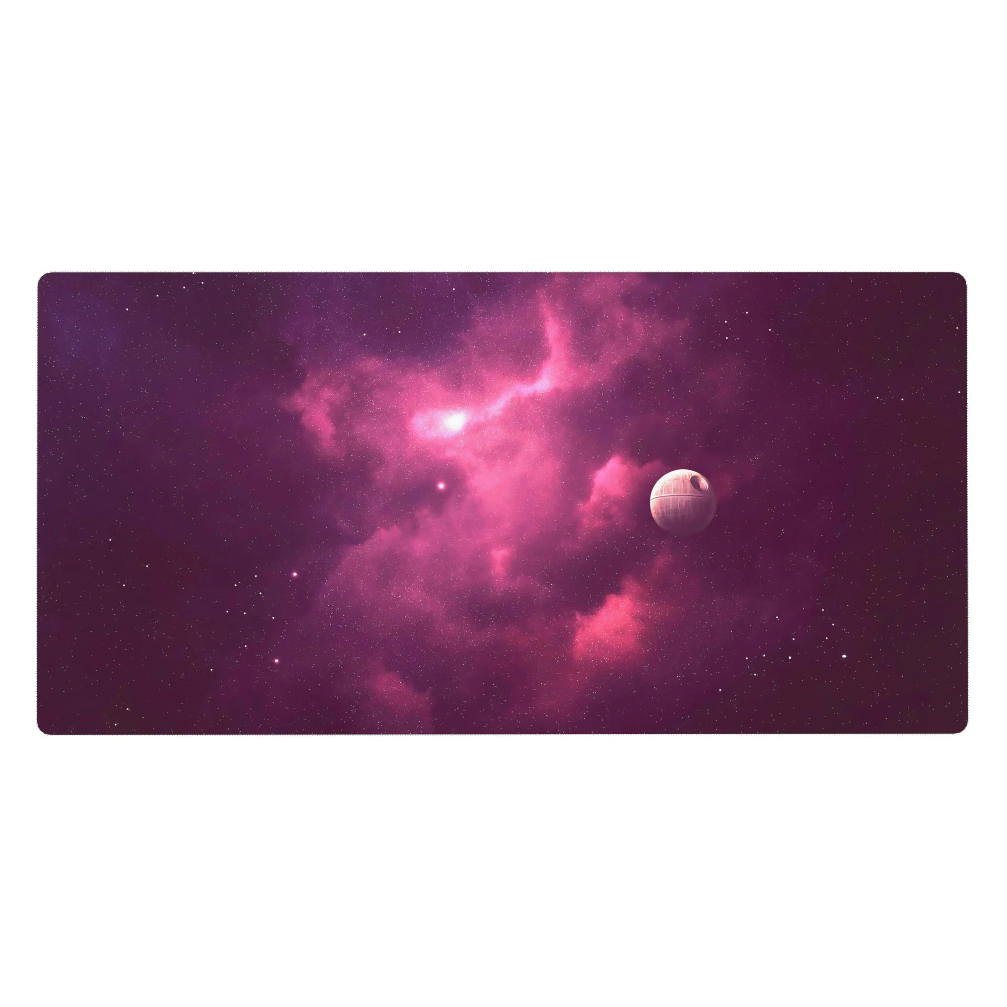 Cosmic galaxy desk pad 40x20 inches with cottony nebula clouds, star dust speckles, and a pale moon.