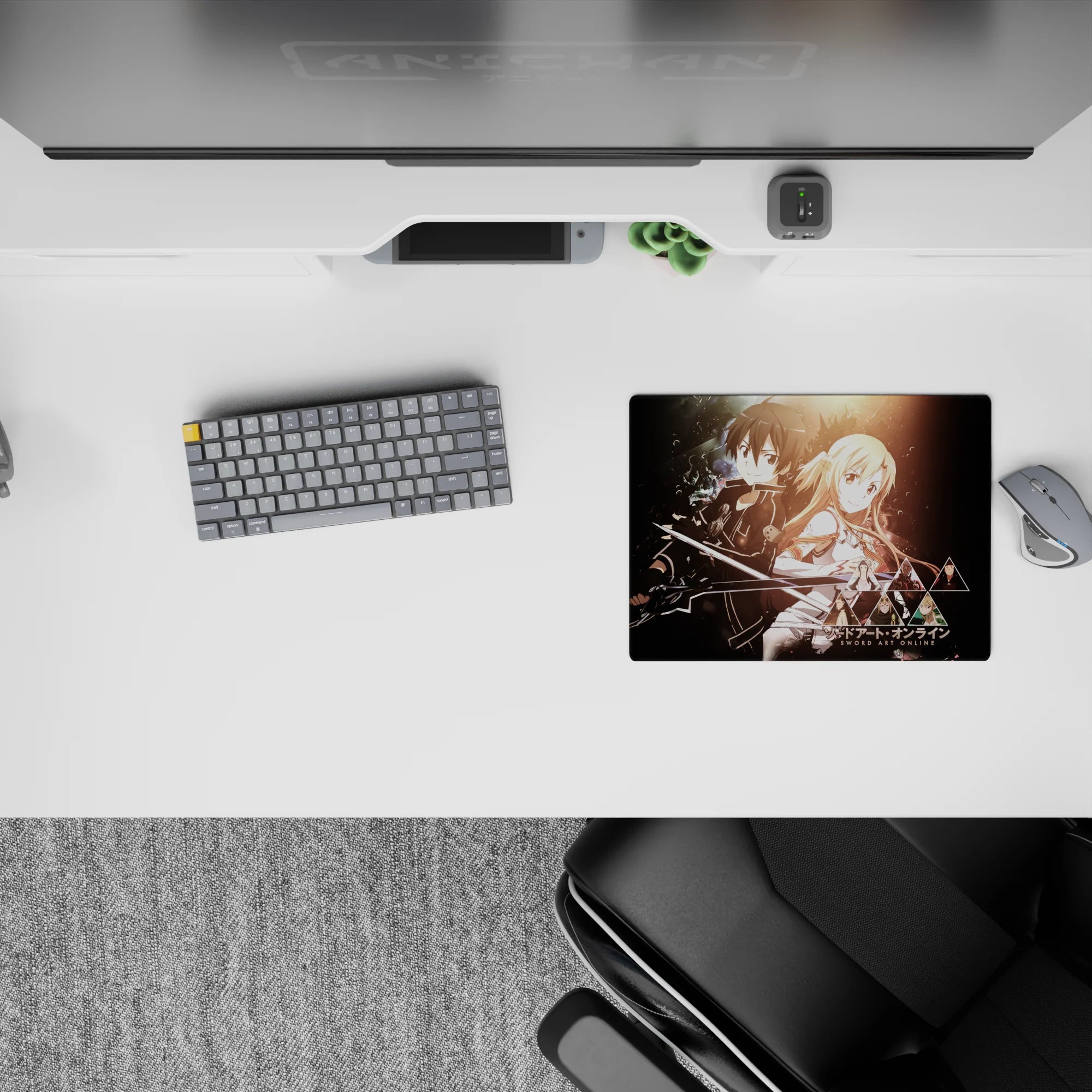 Anime mouse pad featuring Kirito and Asuna from Sword Art Online, 14x10 inches, set against a cosmic backdrop.