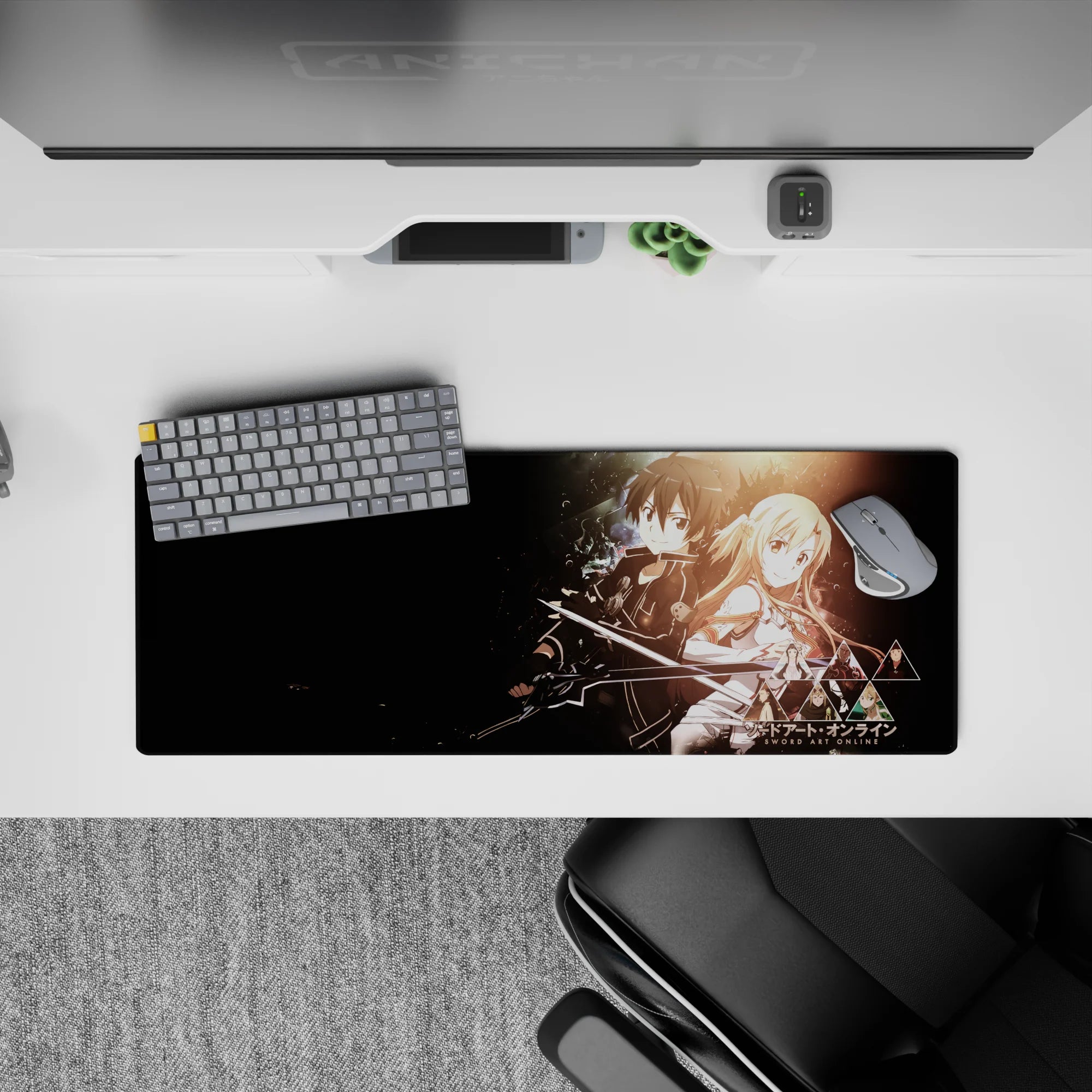 Anime mouse pad 32x12 inches featuring Kirito and Asuna from Sword Art Online, glowing in a cosmic backdrop with swords.