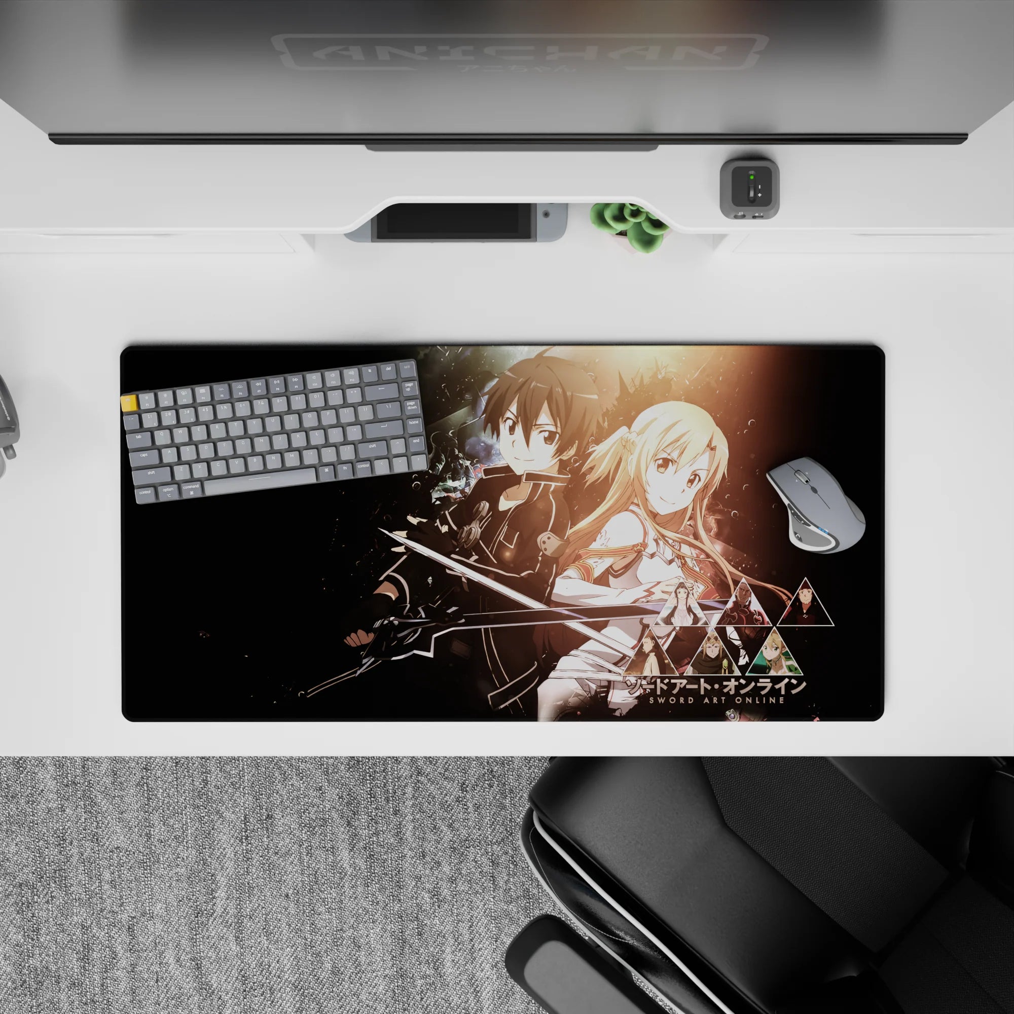Mouse pad featuring Kirito and Asuna from Sword Art Online, 32x16 inches, set against a cosmic backdrop with glowing details.