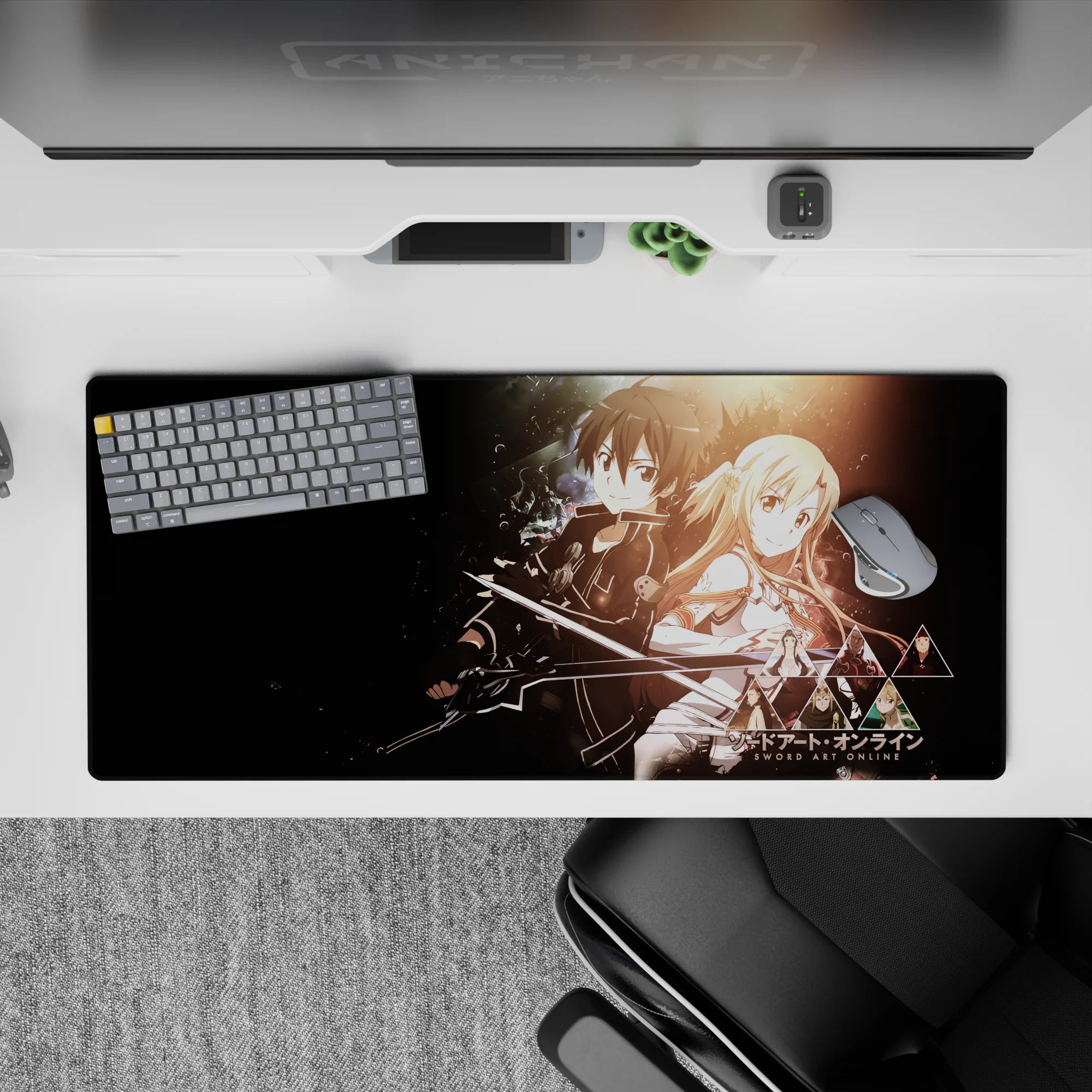 Anime desk pad 36x16 inches featuring Kirito and Asuna from Sword Art Online, set against a cosmic background.