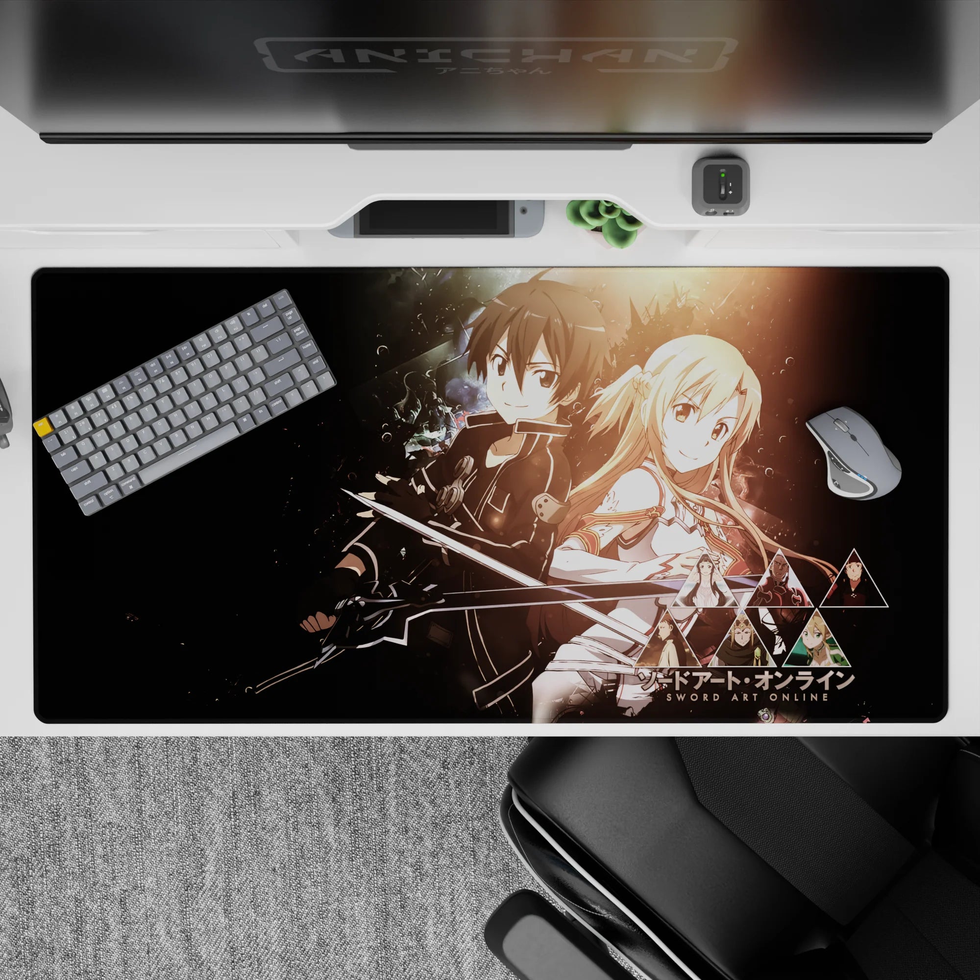 Anime desk pad 40x20 inches featuring Kirito and Asuna from Sword Art Online in a cosmic backdrop with copper-gold hues.