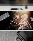 Anime desk pad 40x20 inches featuring Kirito and Asuna from Sword Art Online in a cosmic backdrop with copper-gold hues.