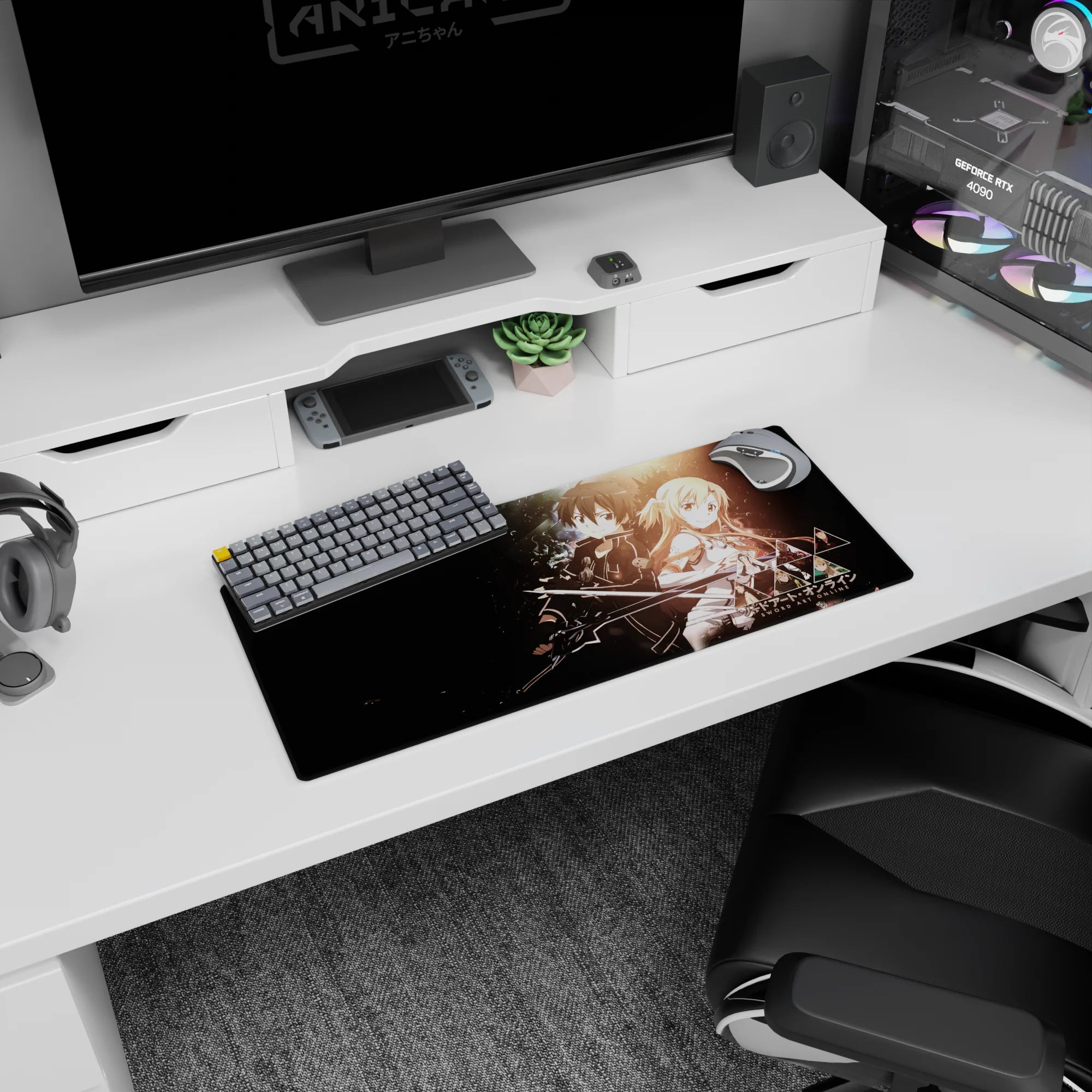 Anime mouse pad 28x12 inches featuring Kirito and Asuna from Sword Art Online, set against a cosmic black backdrop.