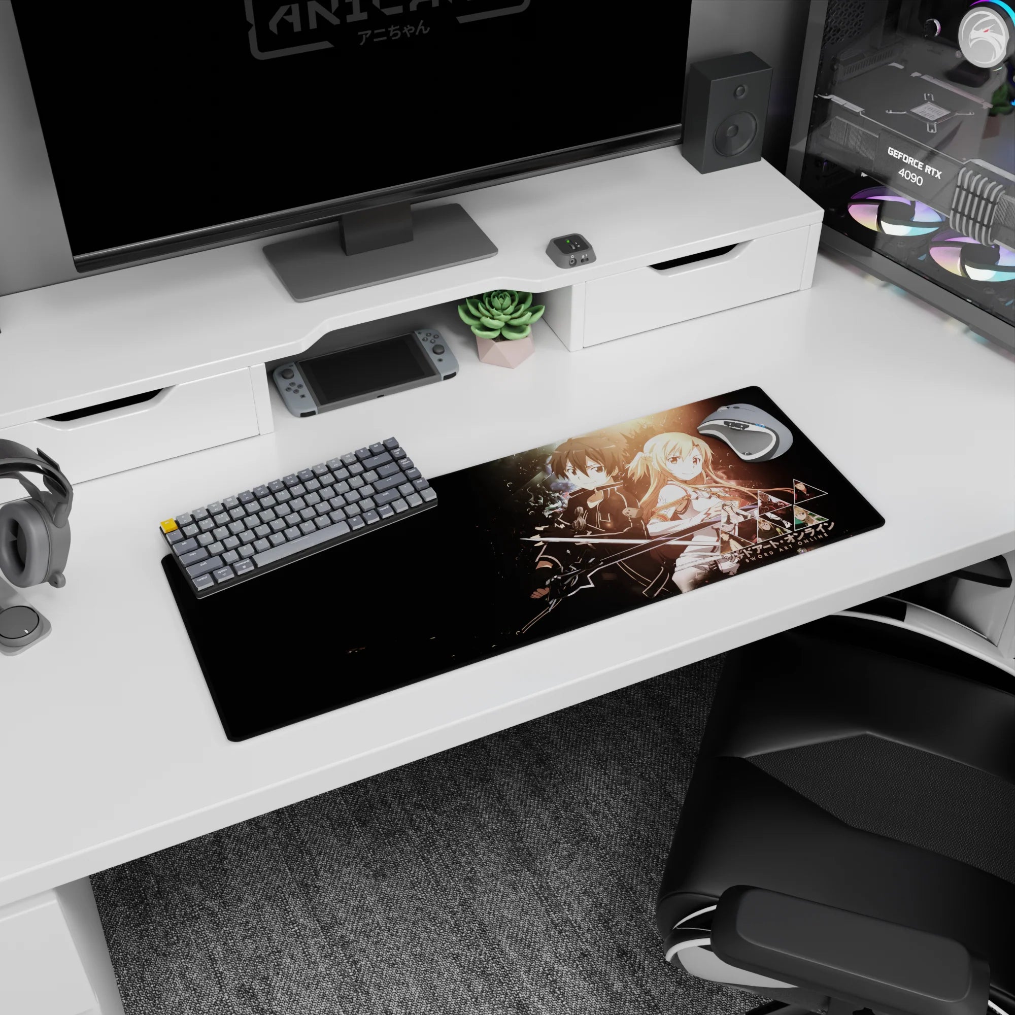 Anime mouse pad 32x12 inches featuring Kirito and Asuna from Sword Art Online in a cosmic backdrop with a warm glow.