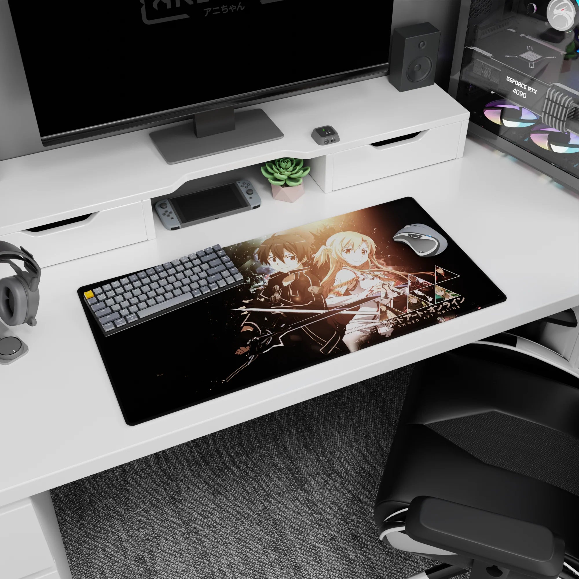 Anime mouse pad 32x16 inches featuring Kirito and Asuna against a cosmic background, radiating warmth and adventure.