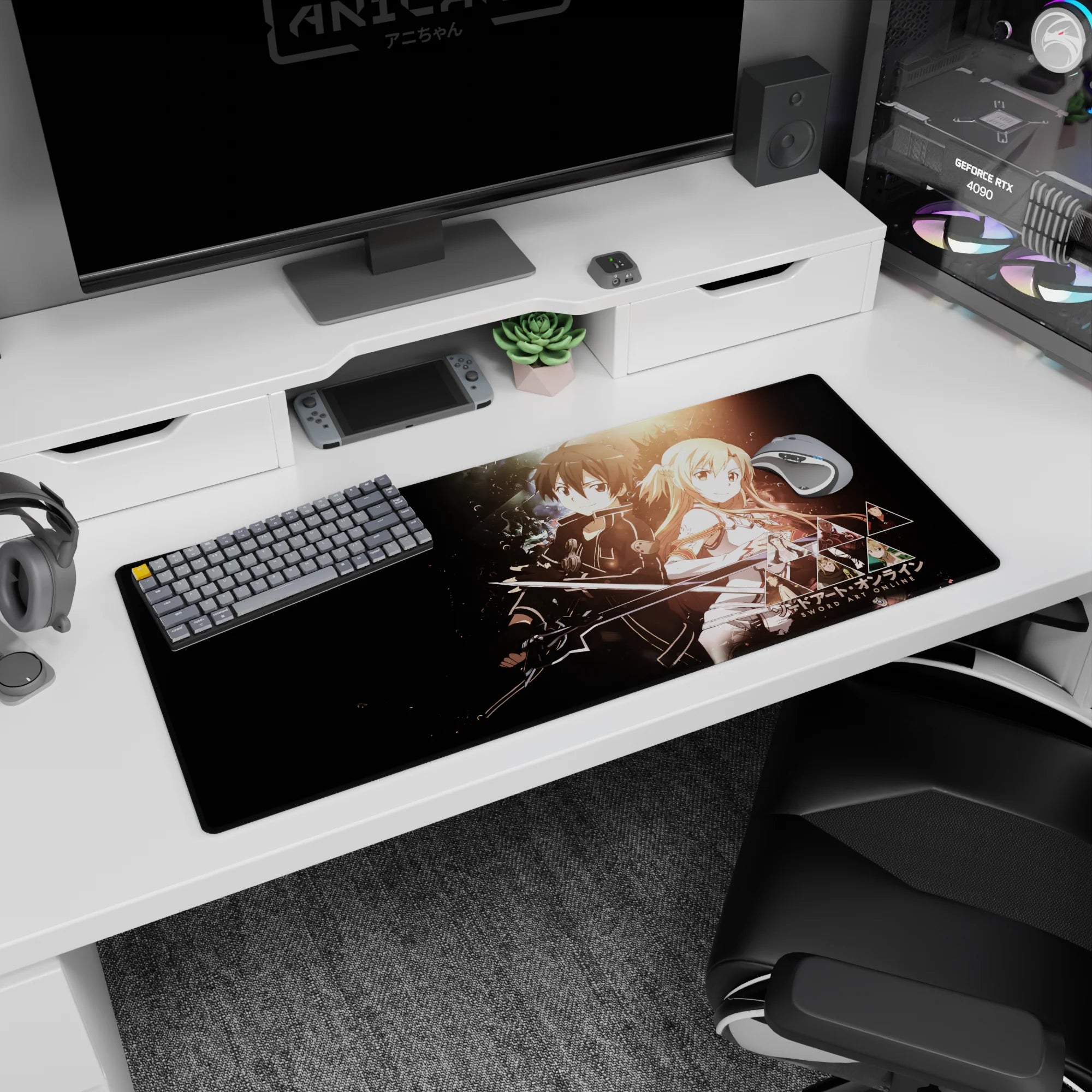 Anime desk pad featuring Kirito and Asuna from Sword Art Online, size 36x16 inches, with a cosmic backdrop.
