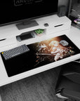 Anime desk pad featuring Kirito and Asuna from Sword Art Online, size 36x16 inches, with a cosmic backdrop.