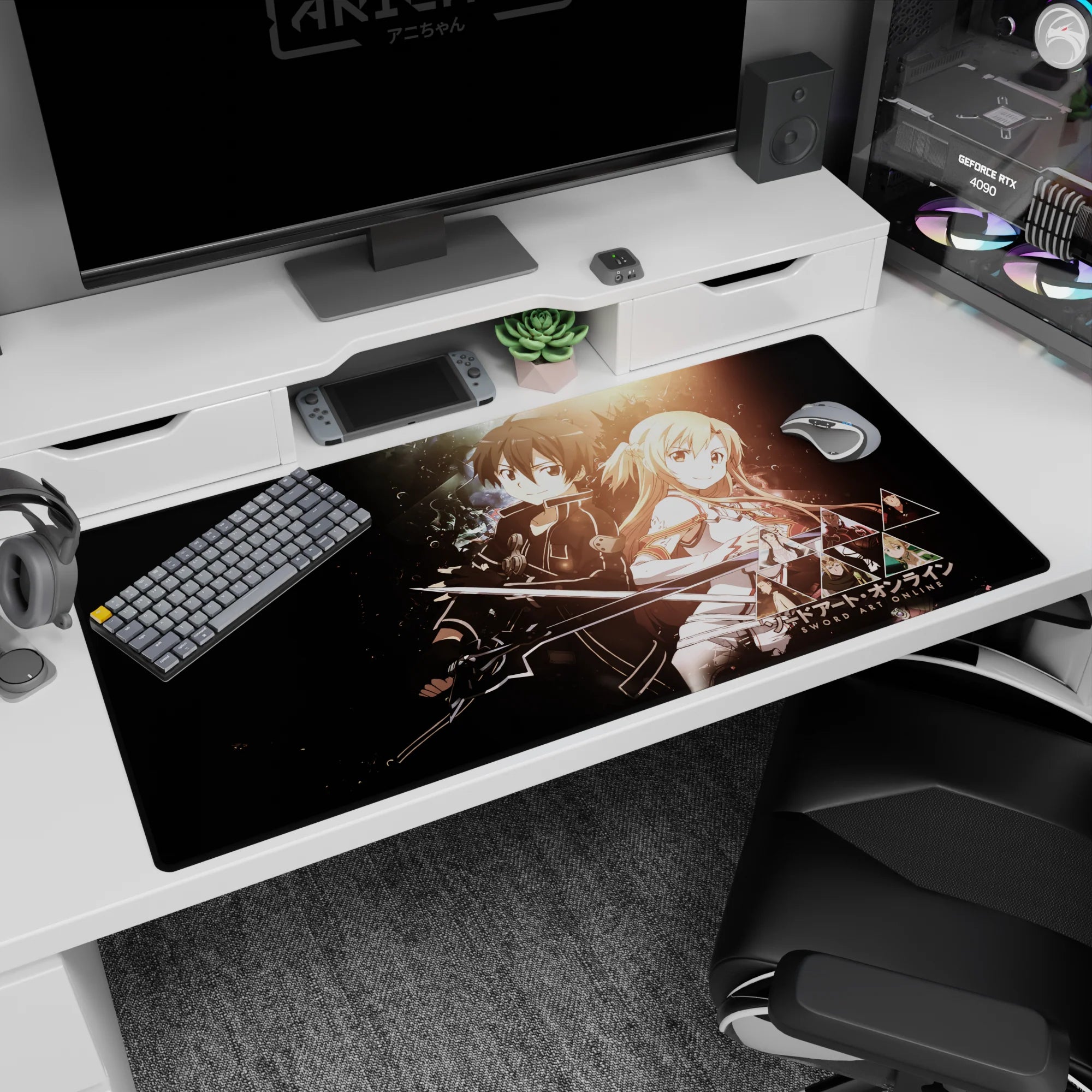 Desk pad featuring Kirito and Asuna from Sword Art Online set against a cosmic backdrop, size 40x20 inches.