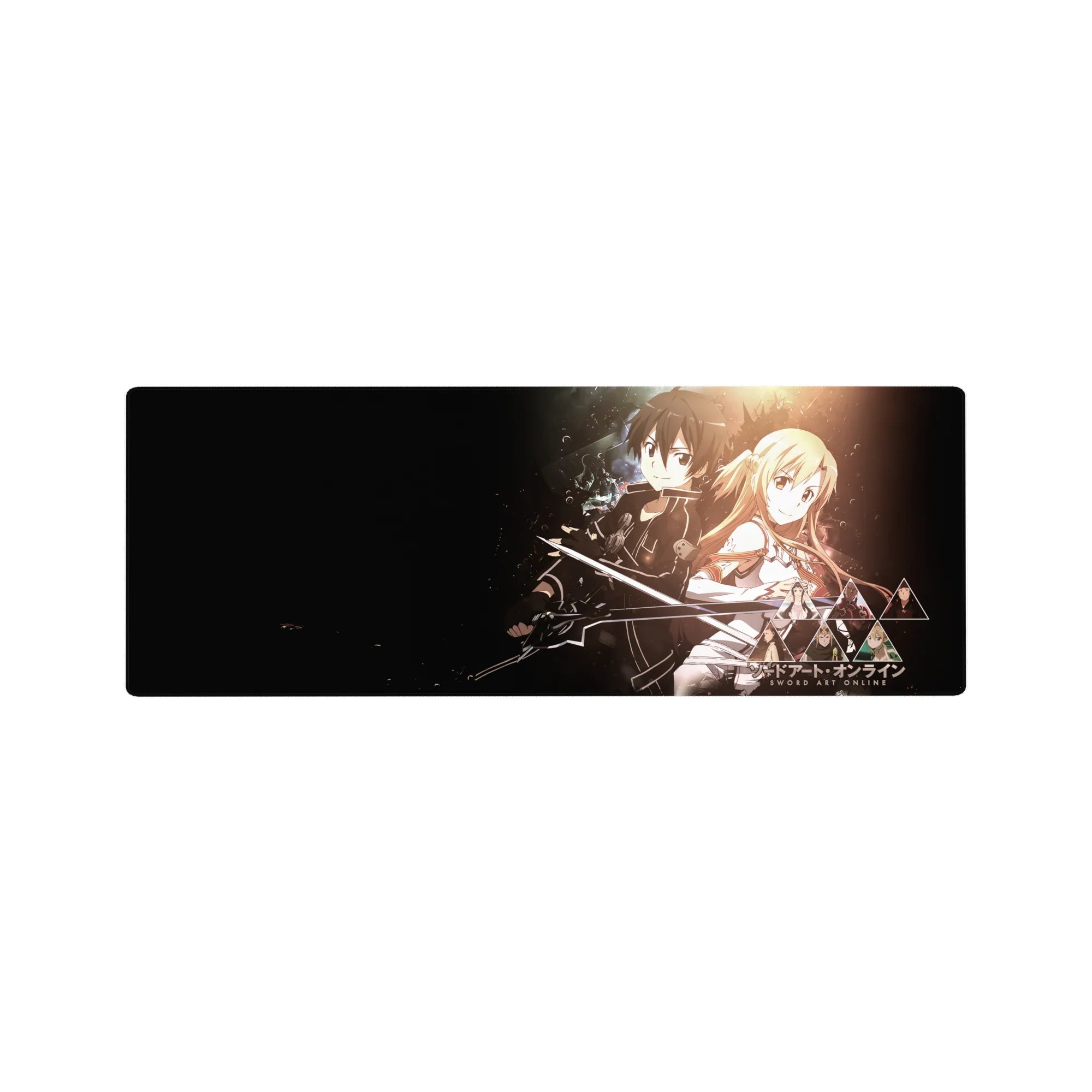 Anime mouse pad 32x12 inches featuring Kirito and Asuna from Sword Art Online, glowing in a cosmic backdrop.
