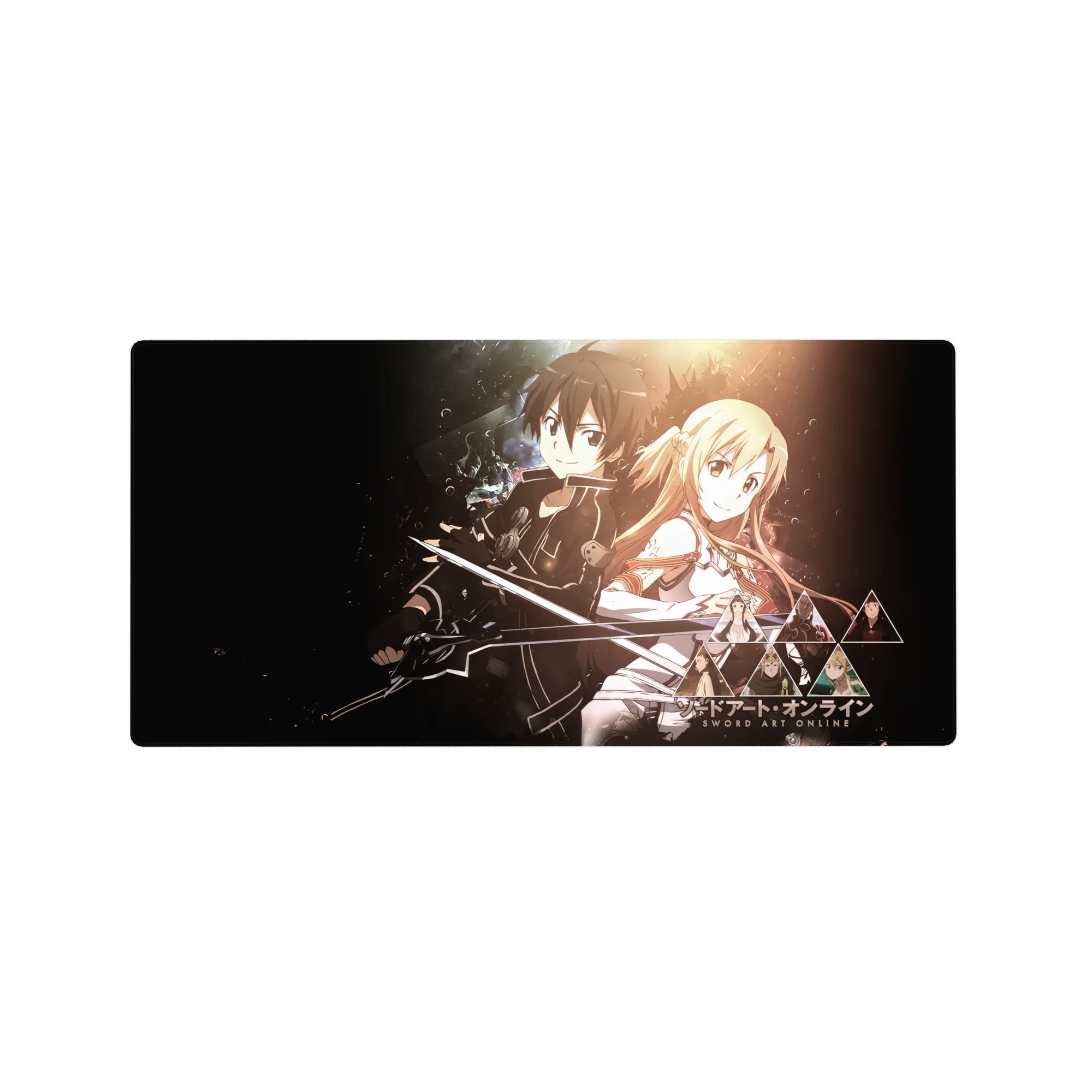 Anime mouse pad 32x16 inches featuring Kirito and Asuna from Sword Art Online, glowing against a cosmic backdrop.