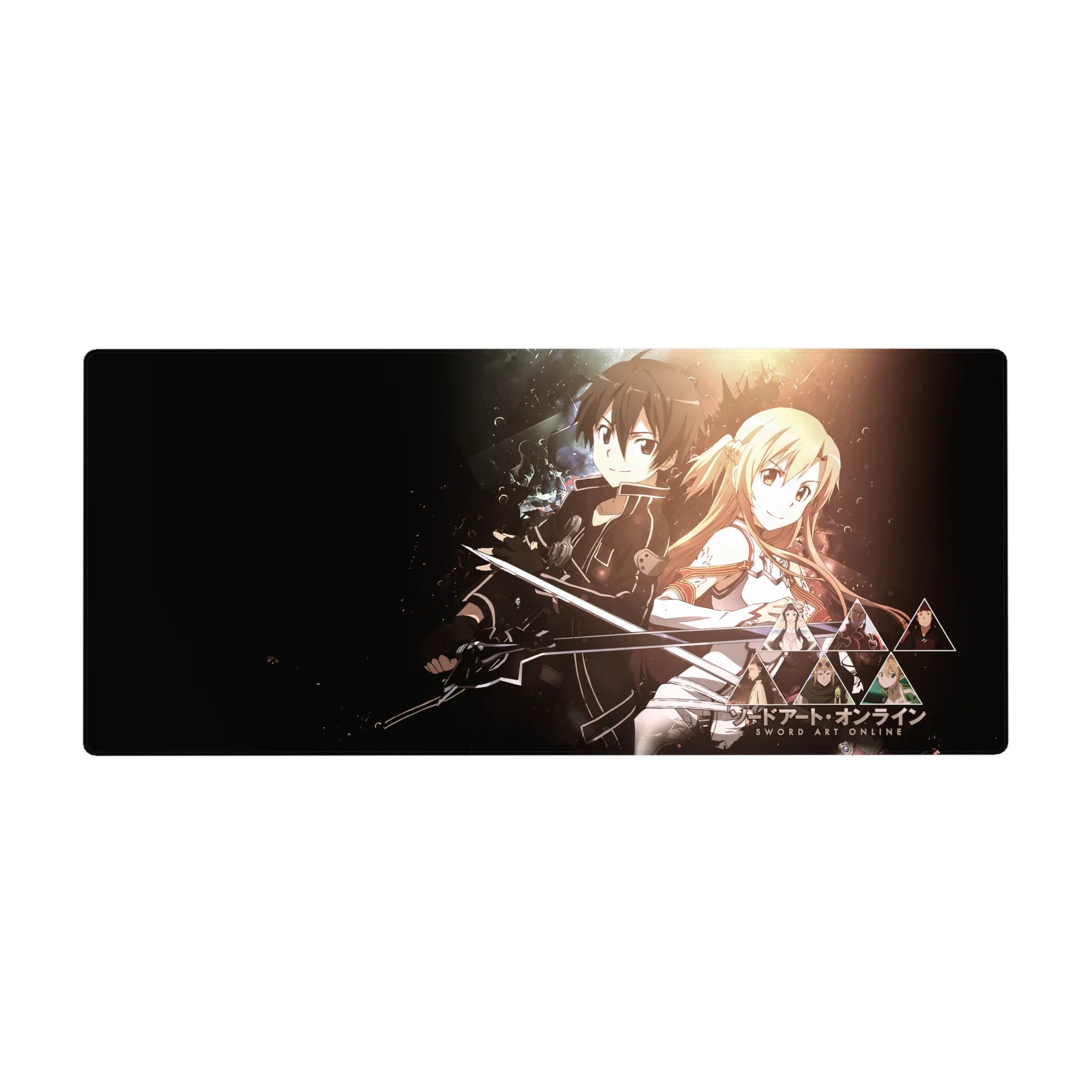 Kirito and Asuna anime desk pad, 36x16 inches, features a cosmic backdrop with copper-gold hues, evoking their epic journey.
