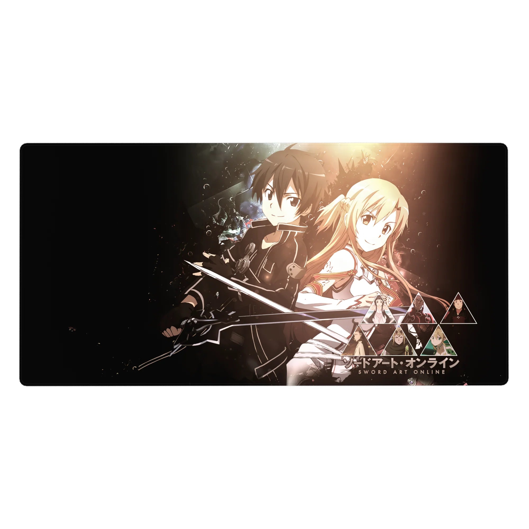 Desk pad 40x20 inches featuring Kirito and Asuna from Sword Art Online, set against a cosmic background with warm hues.