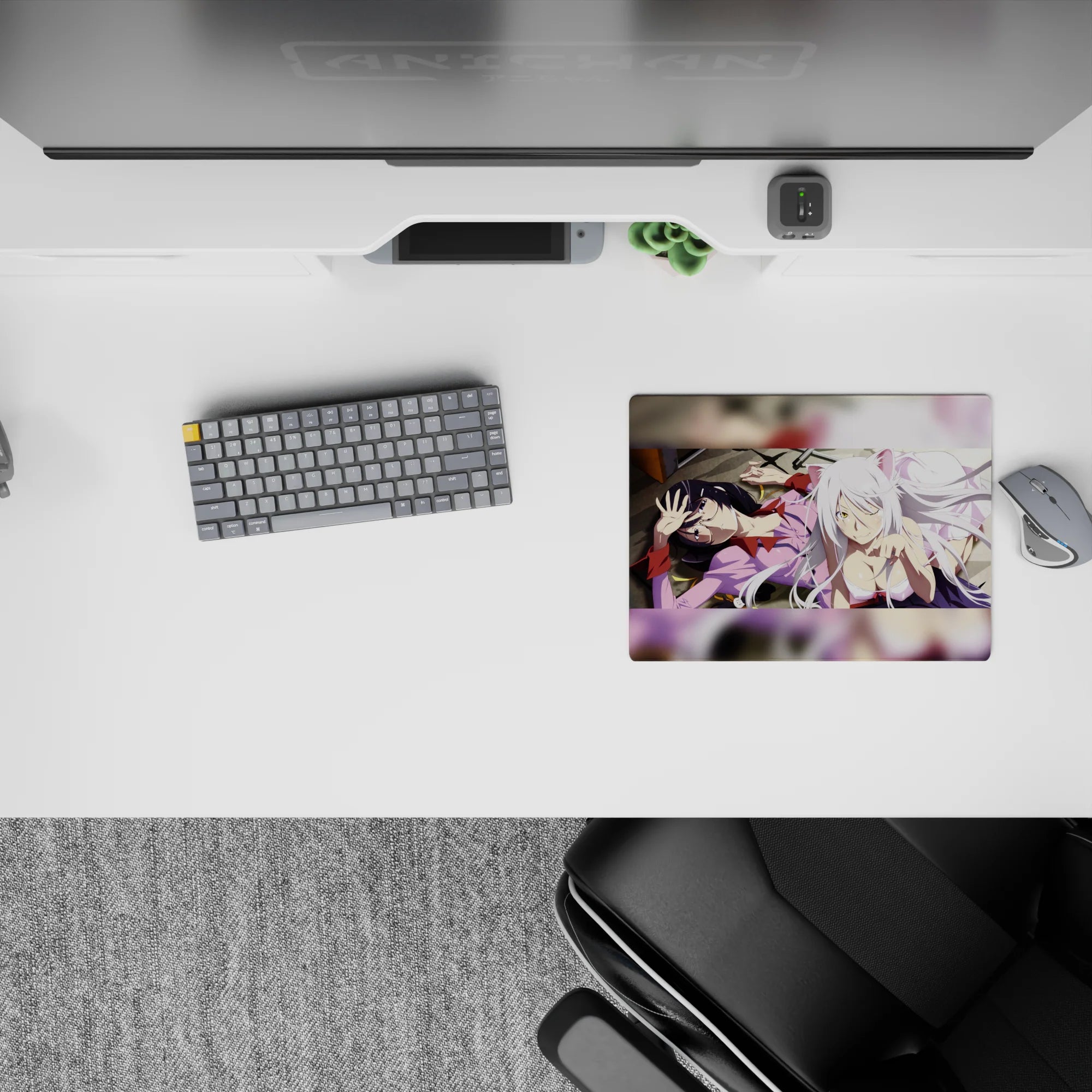 14x10 inches classic anime girl mouse pad in creamy whites, soft pinks, and midnight hair, cozy chaos vibe.